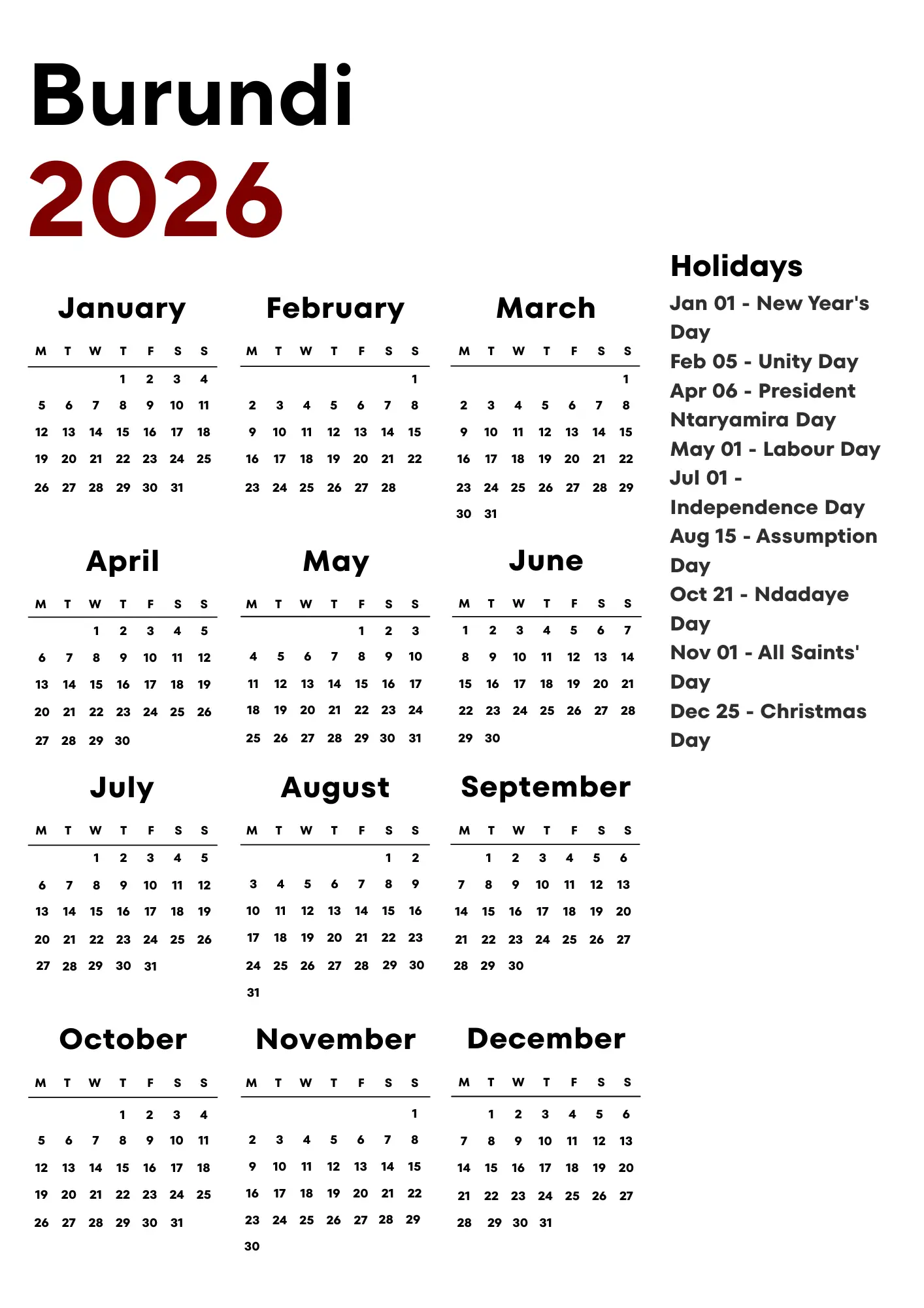 Burundi Calendar 2026