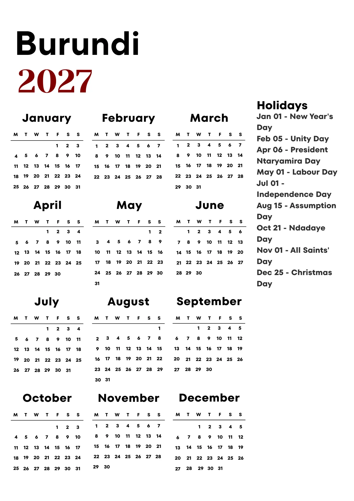 Burundi Calendar 2027