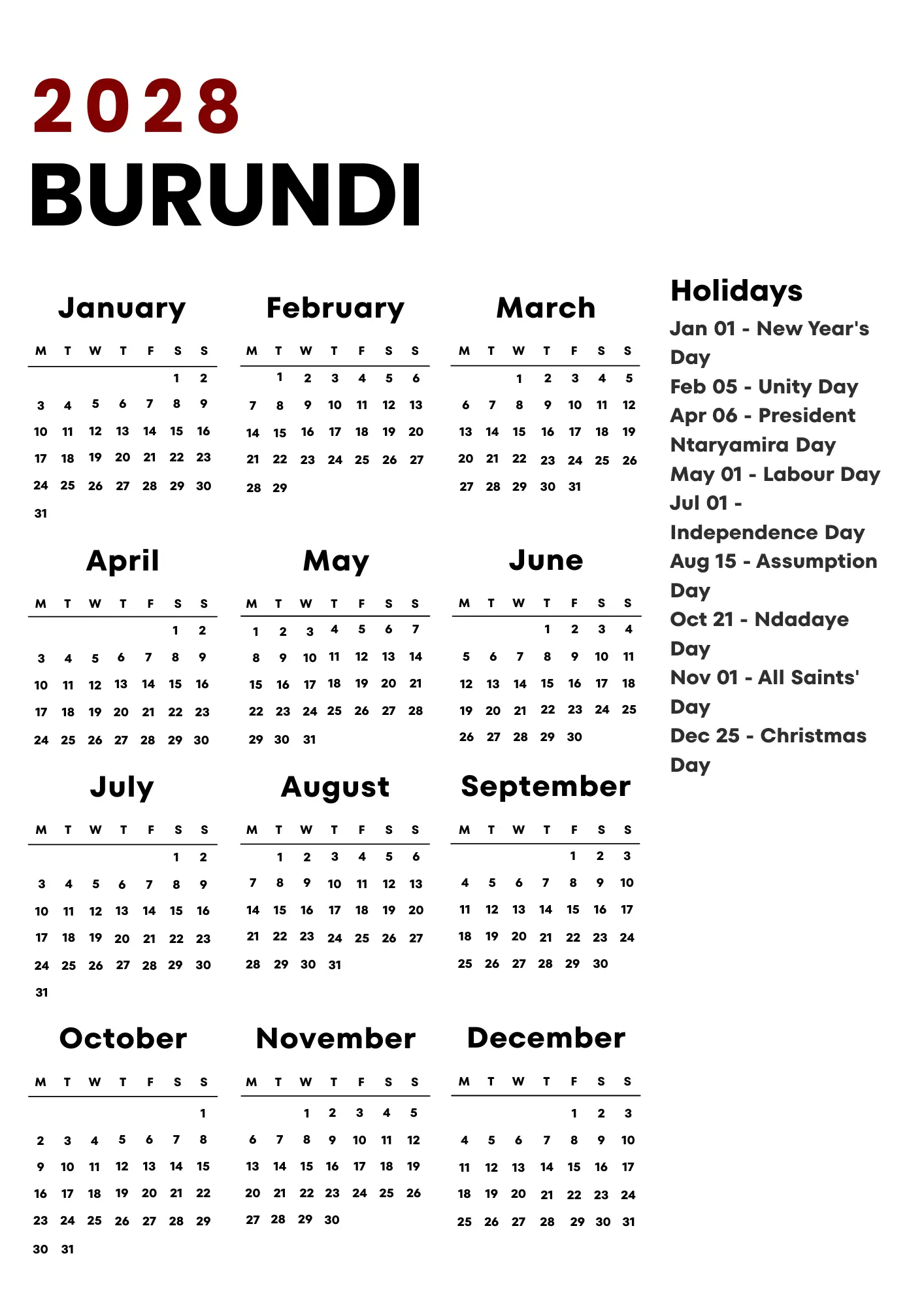 Burundi Calendar 2028