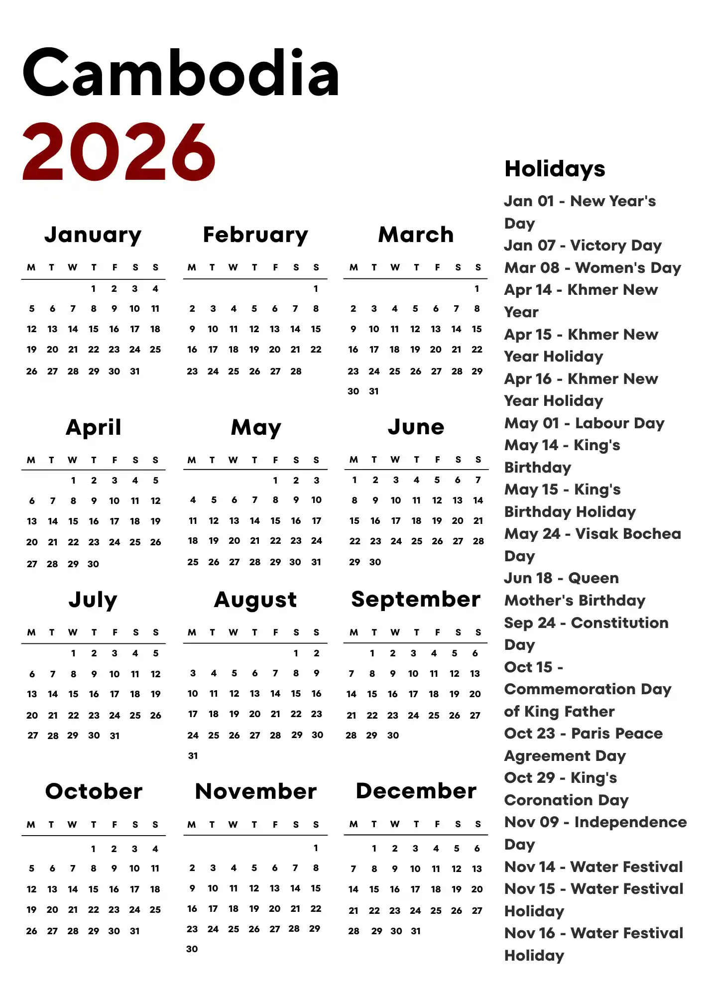 Cambodia Calendar 2026