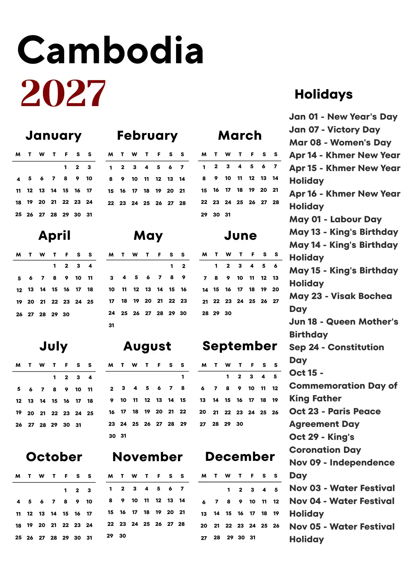 Cambodia Calendar 2027