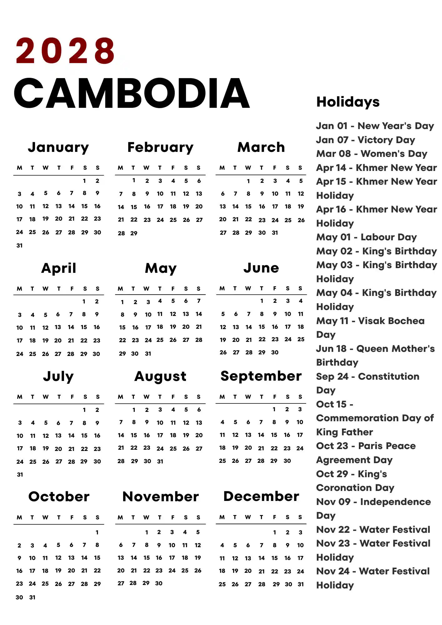 Cambodia Calendar 2028
