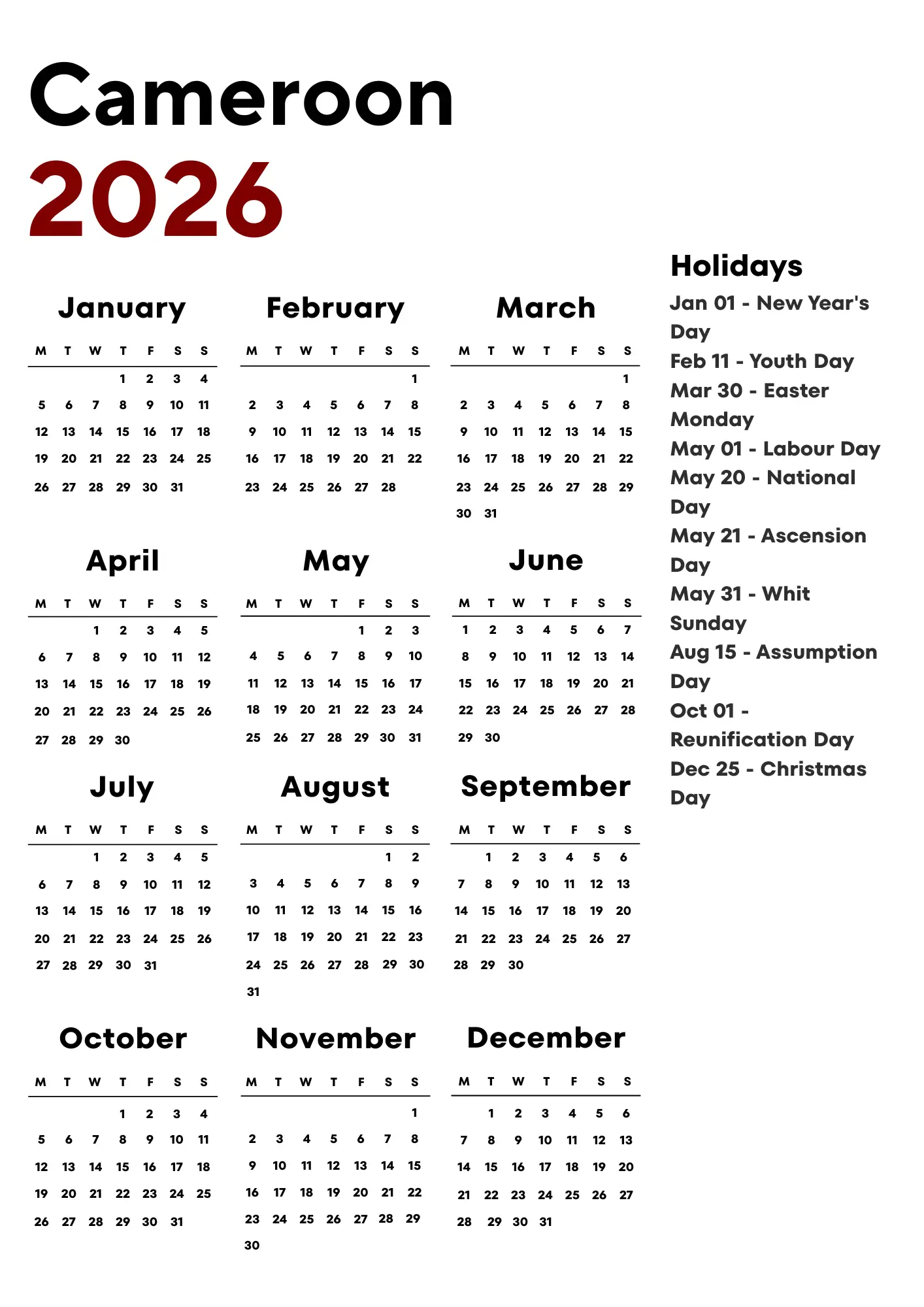 Cameroon Calendar 2026