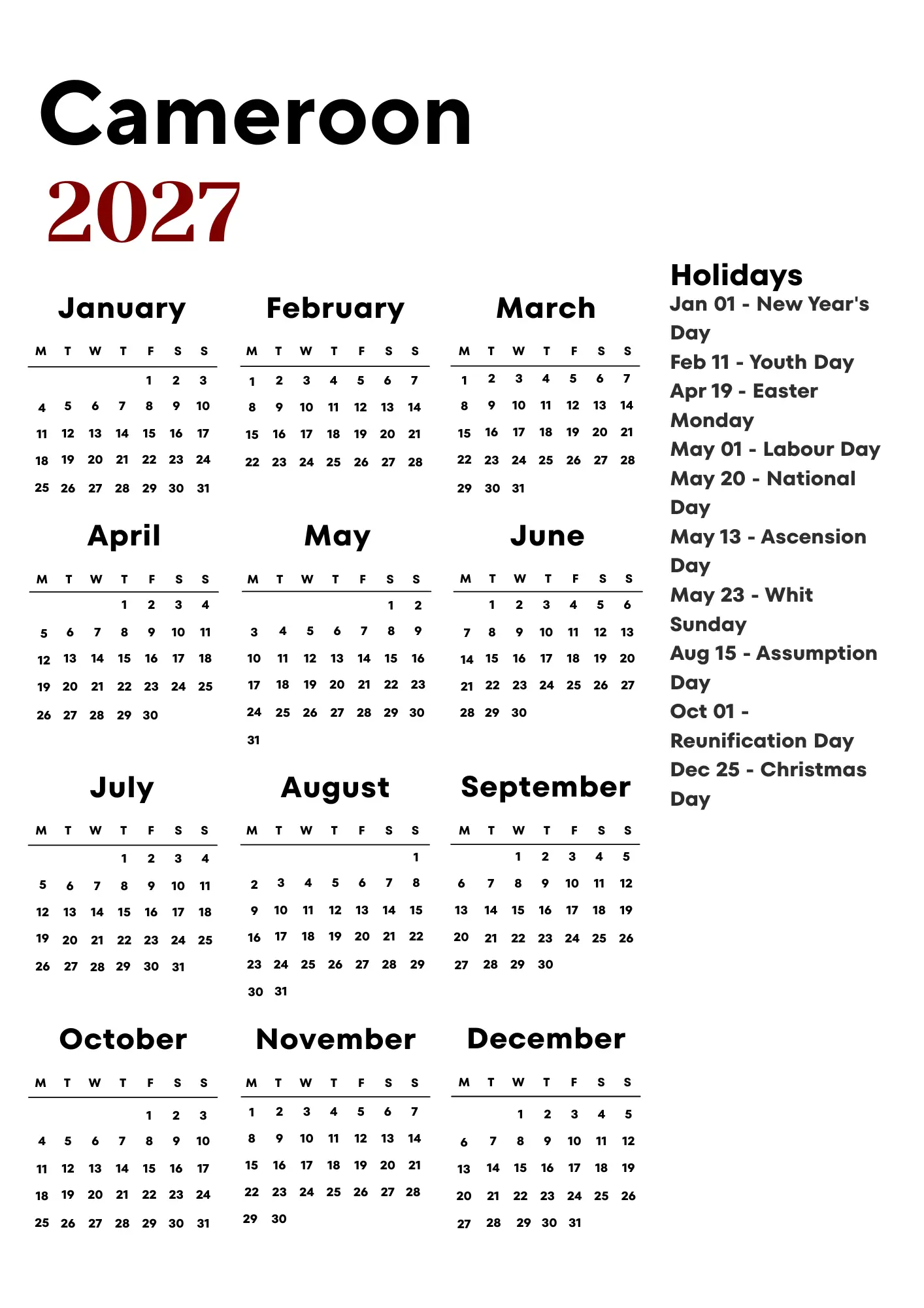 Cameroon Calendar 2027