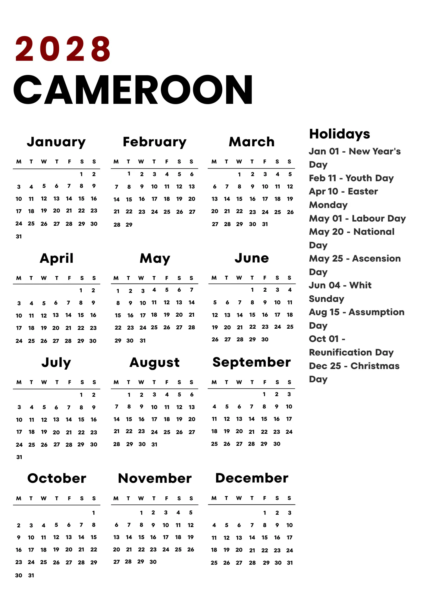 Cameroon Calendar 2028