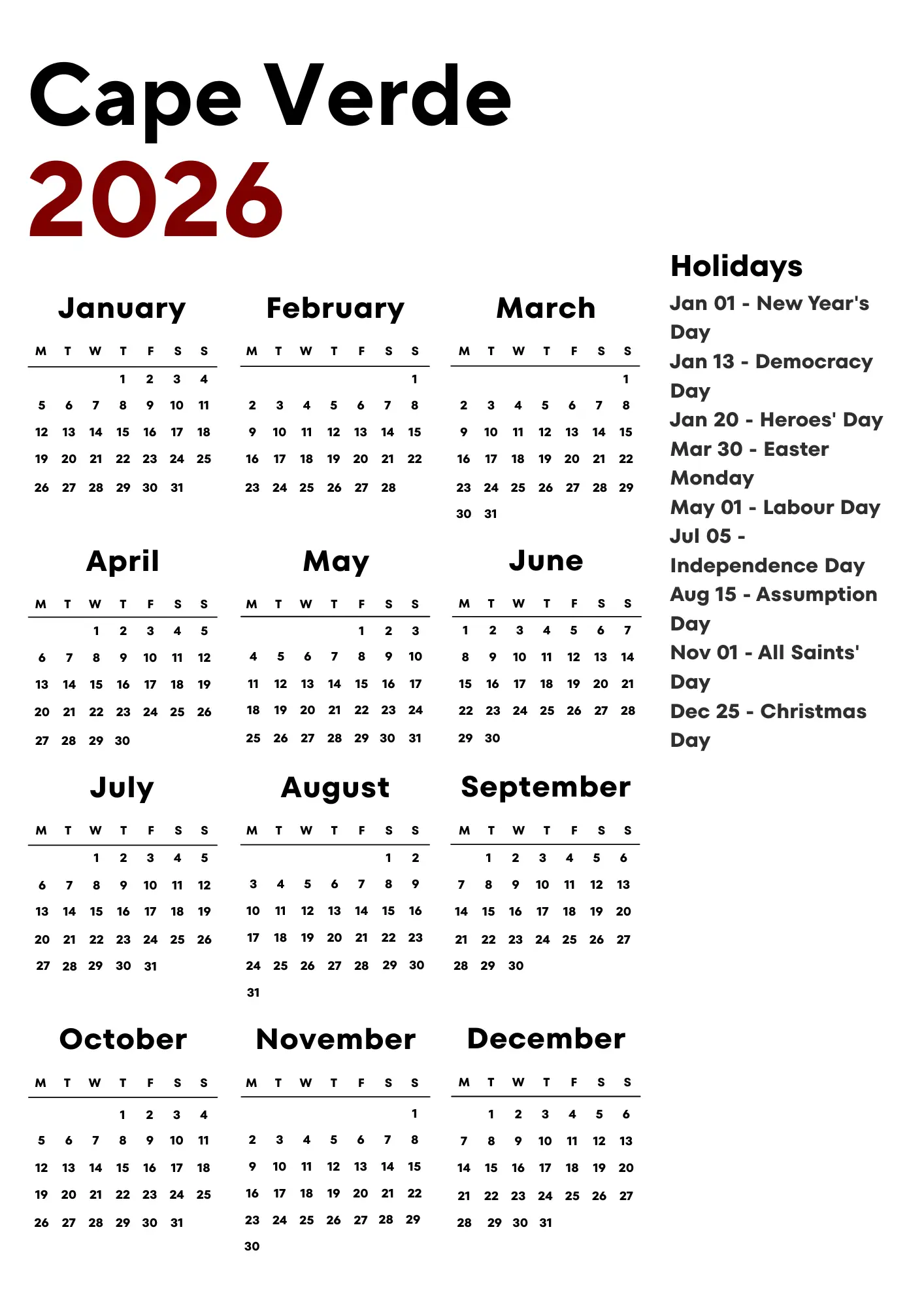 Cape Verde Calendar 2026