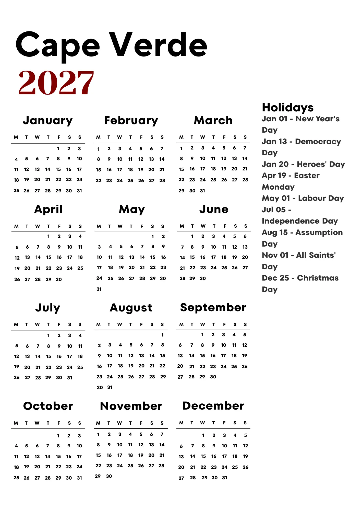 Cape Verde Calendar 2027