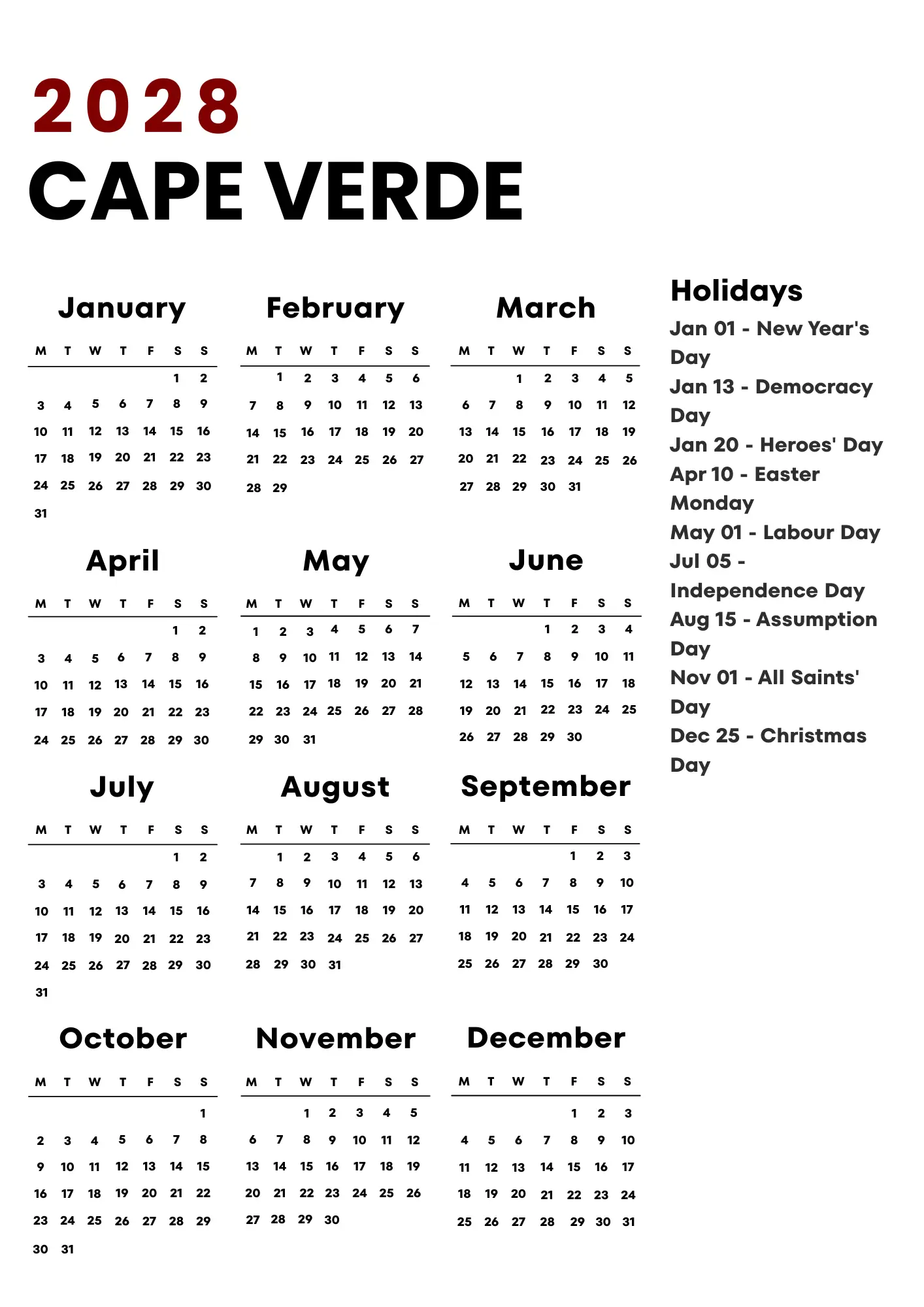 Cape Verde Calendar 2028