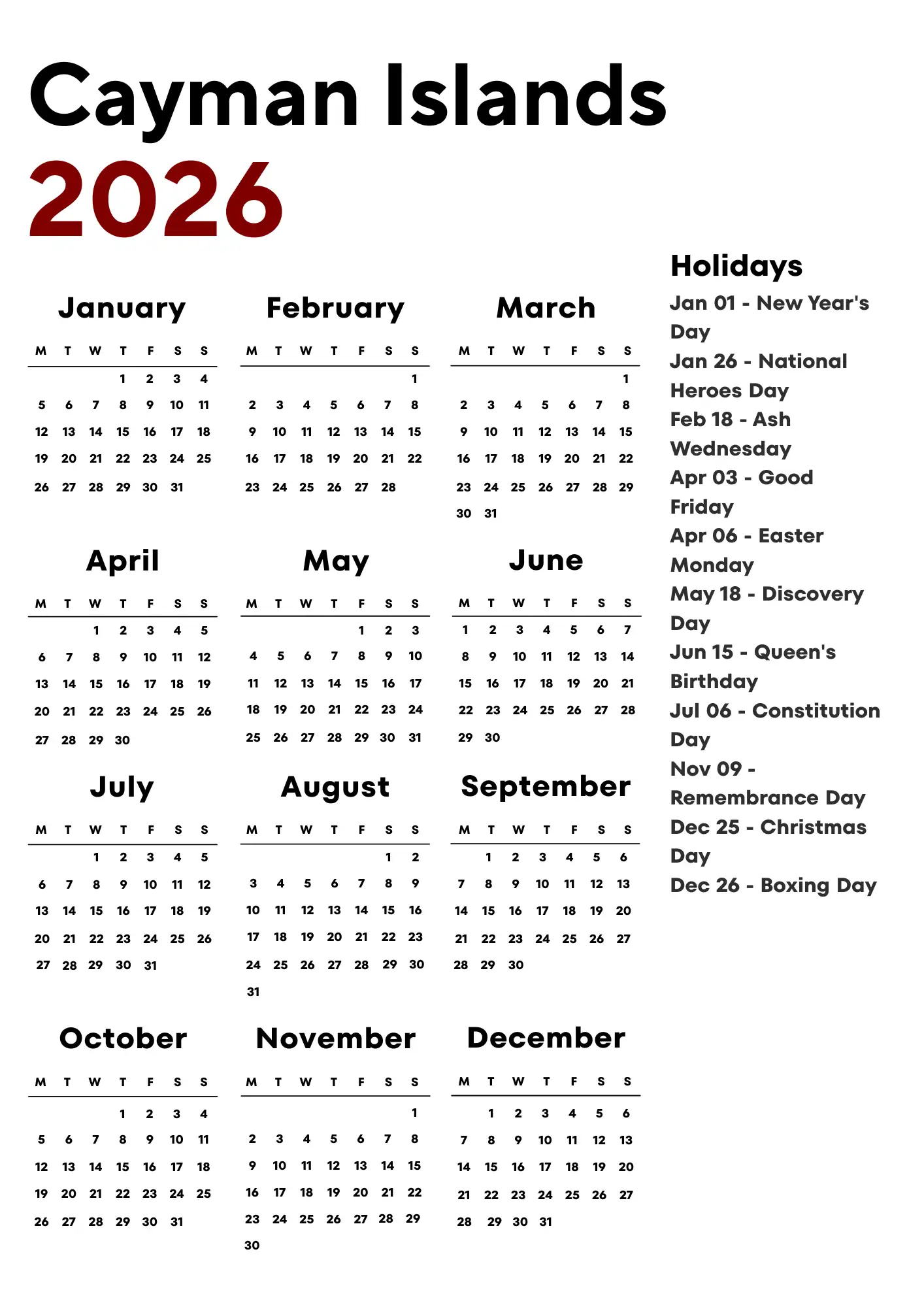 Cayman Islands Calendar 2026