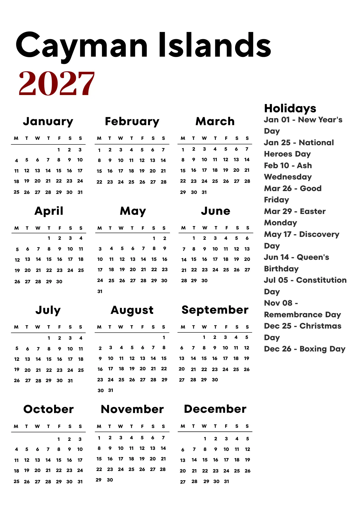 Cayman Islands Calendar 2027