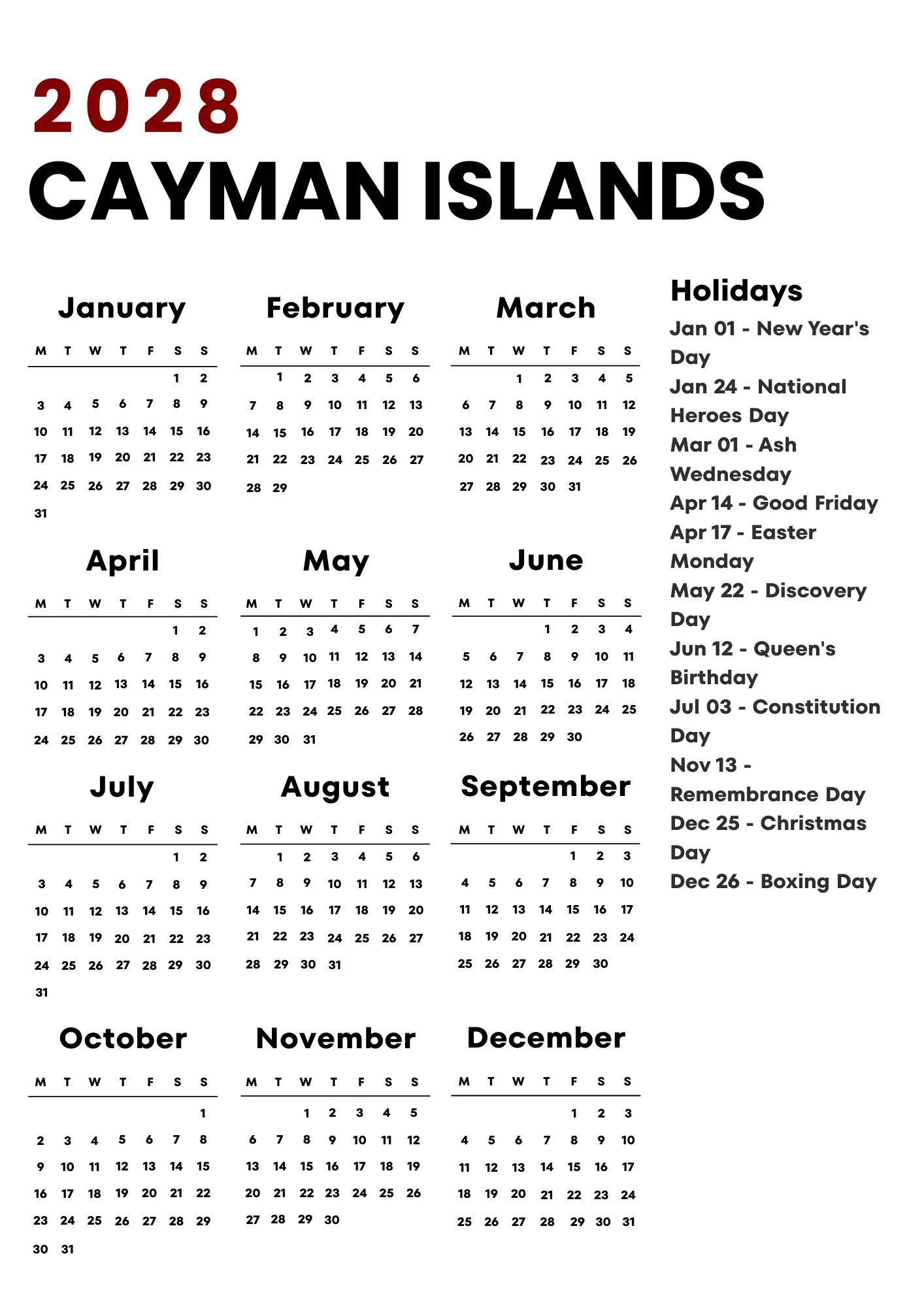 Cayman Islands Calendar 2028
