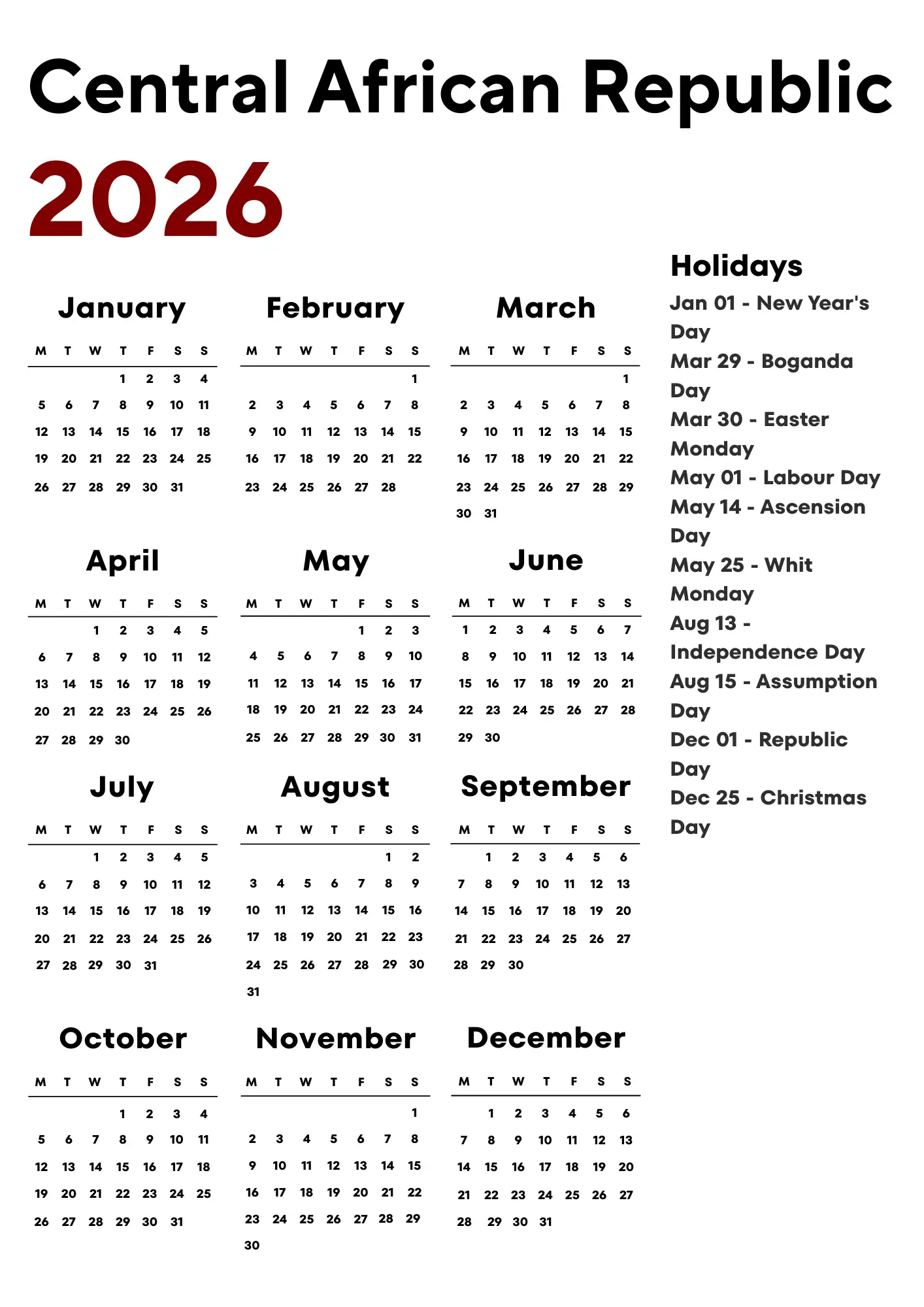 Central African Republic Calendar 2026