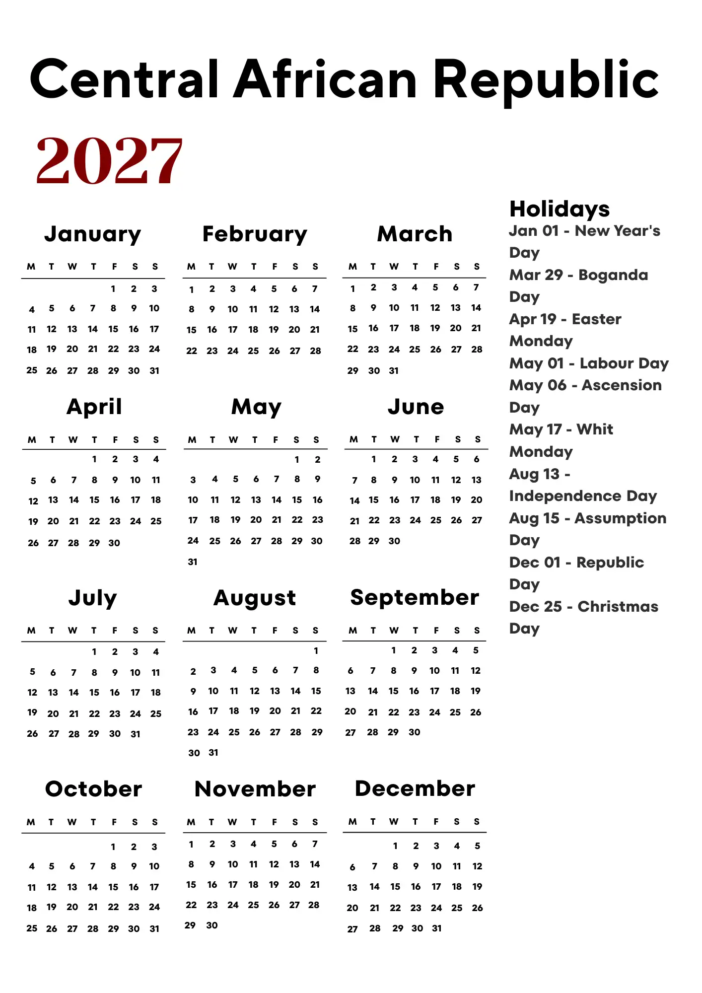 Central African Republic Calendar 2027