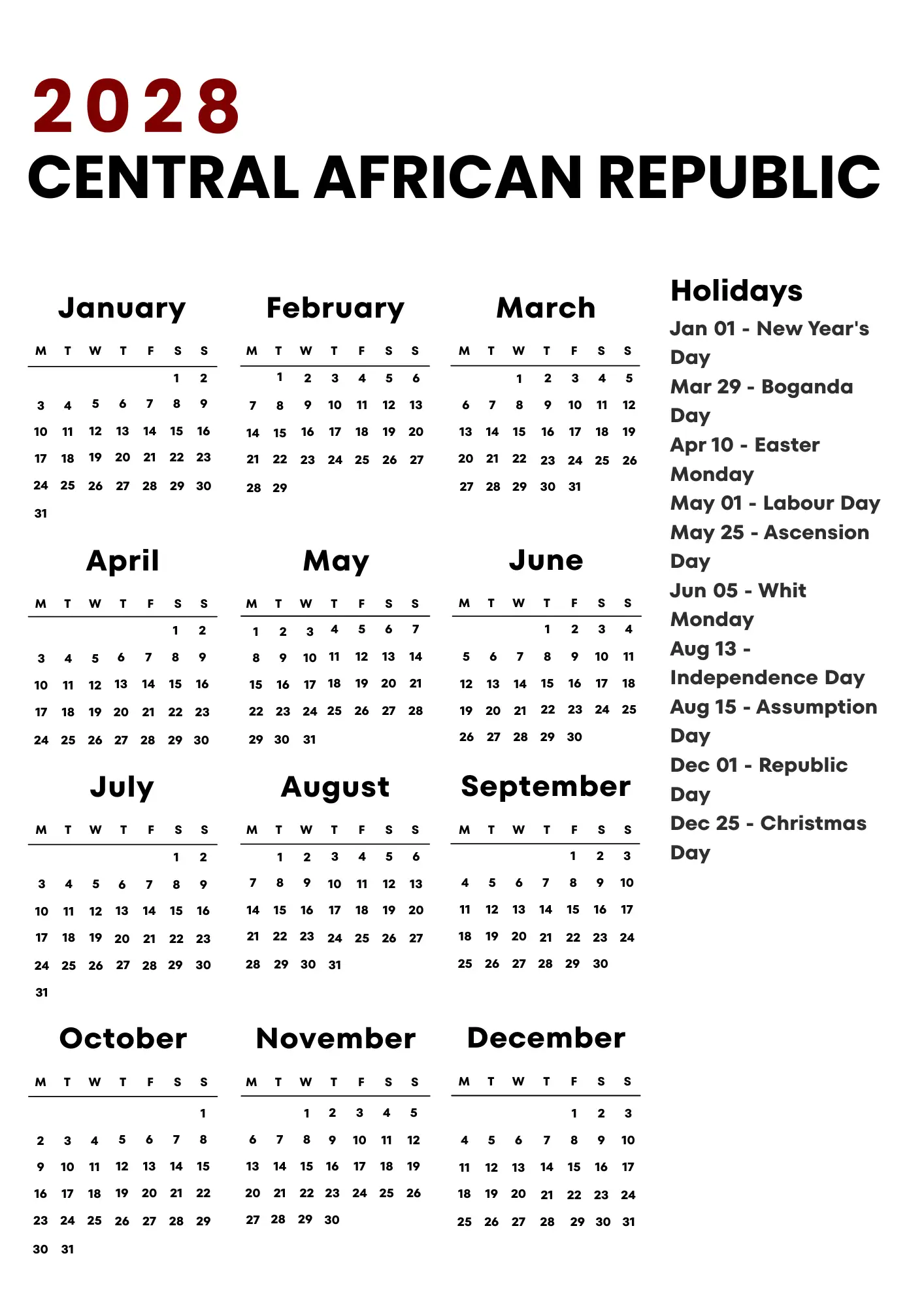 Central African Republic Calendar 2028