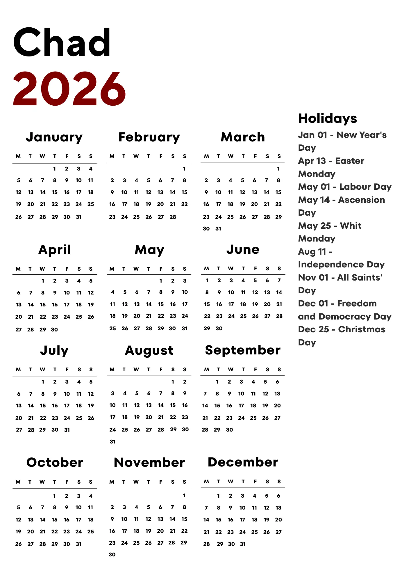 Chad Calendar 2026