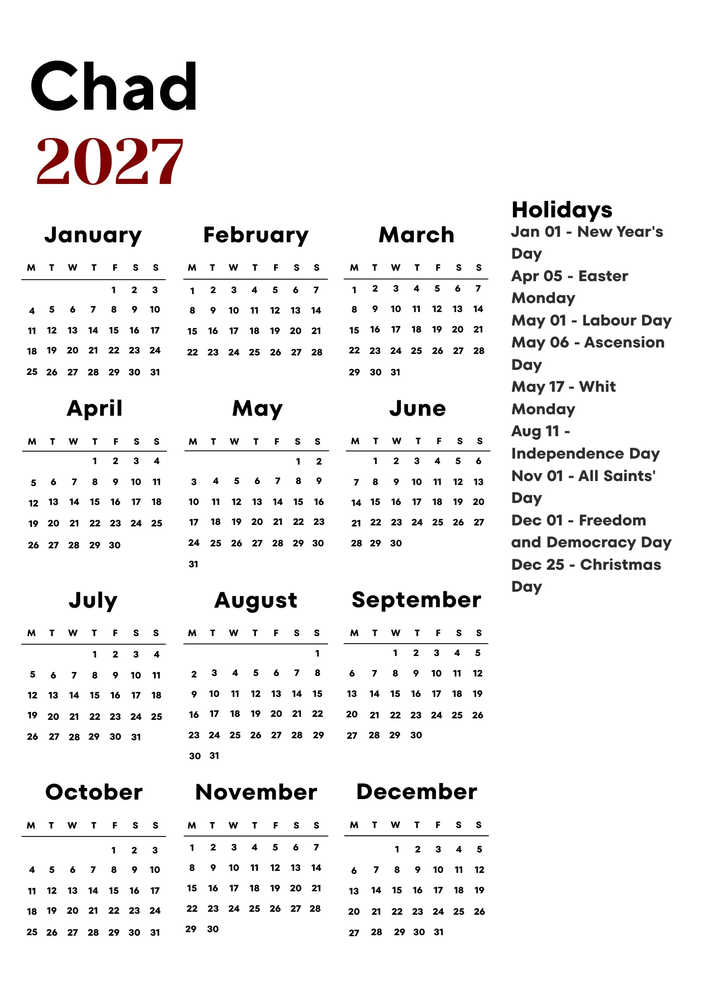 Chad Calendar 2027
