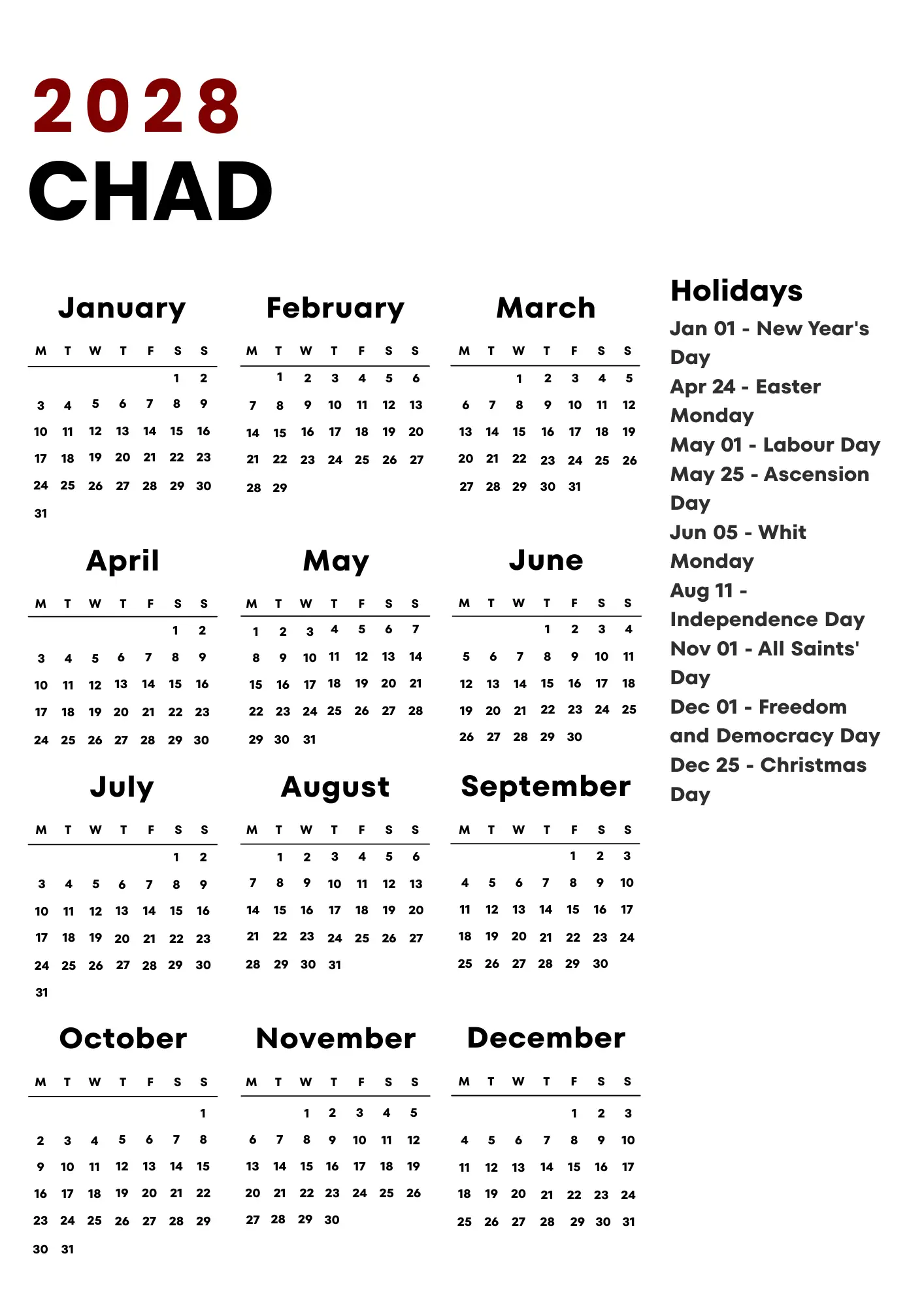 Chad Calendar 2028