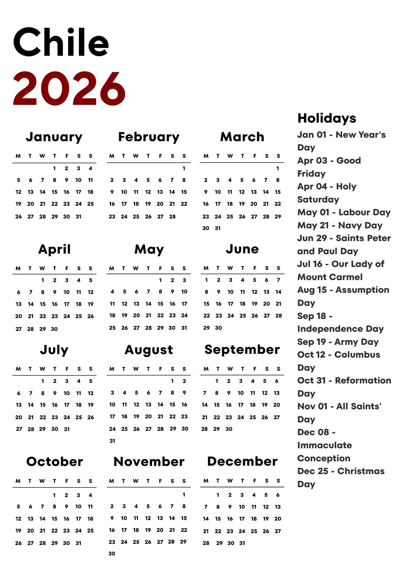Chile Calendar 2026