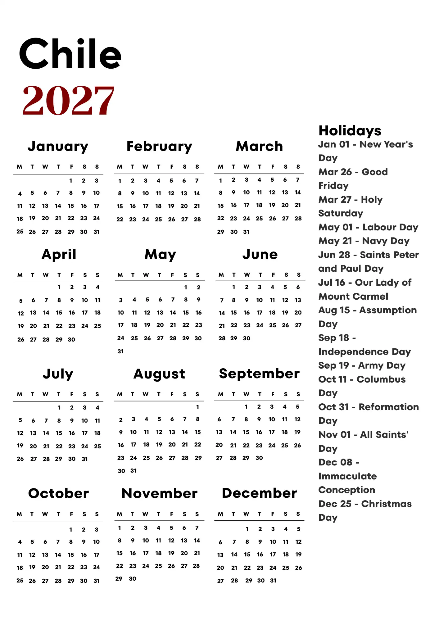 Chile Calendar 2027