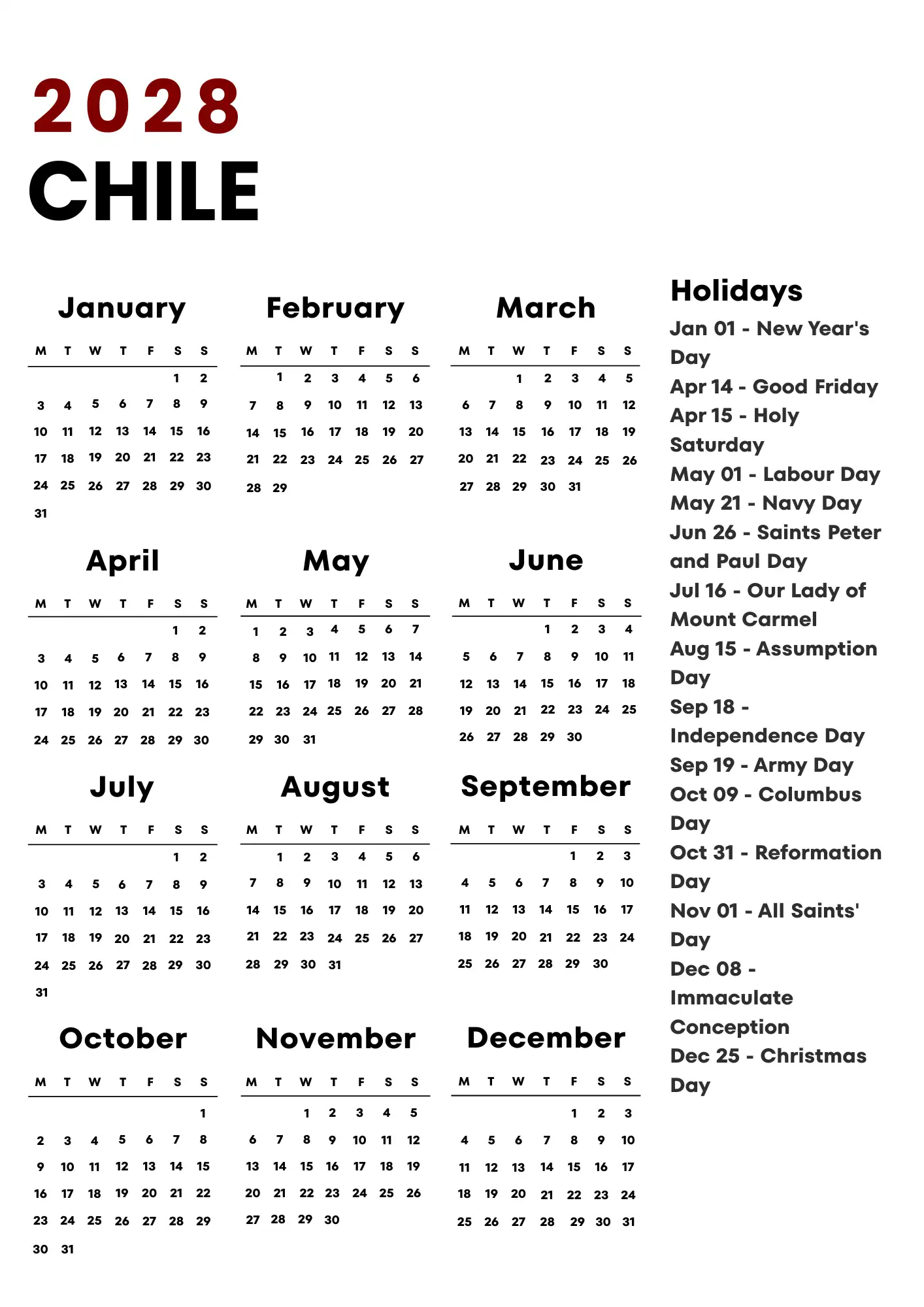 Chile Calendar 2028