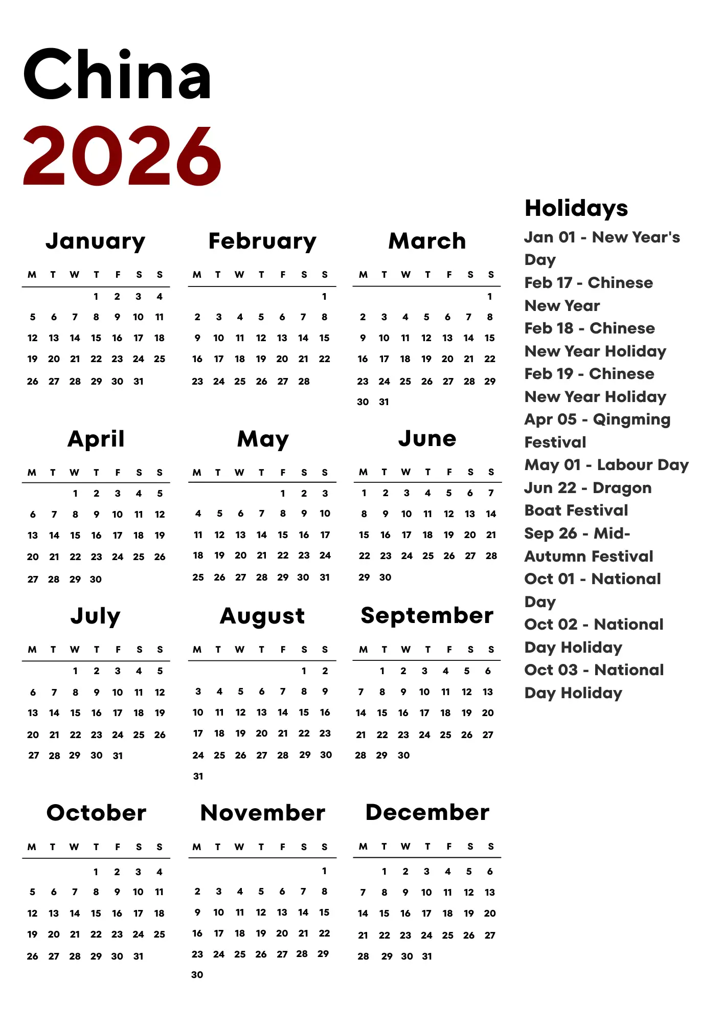 China Calendar 2026