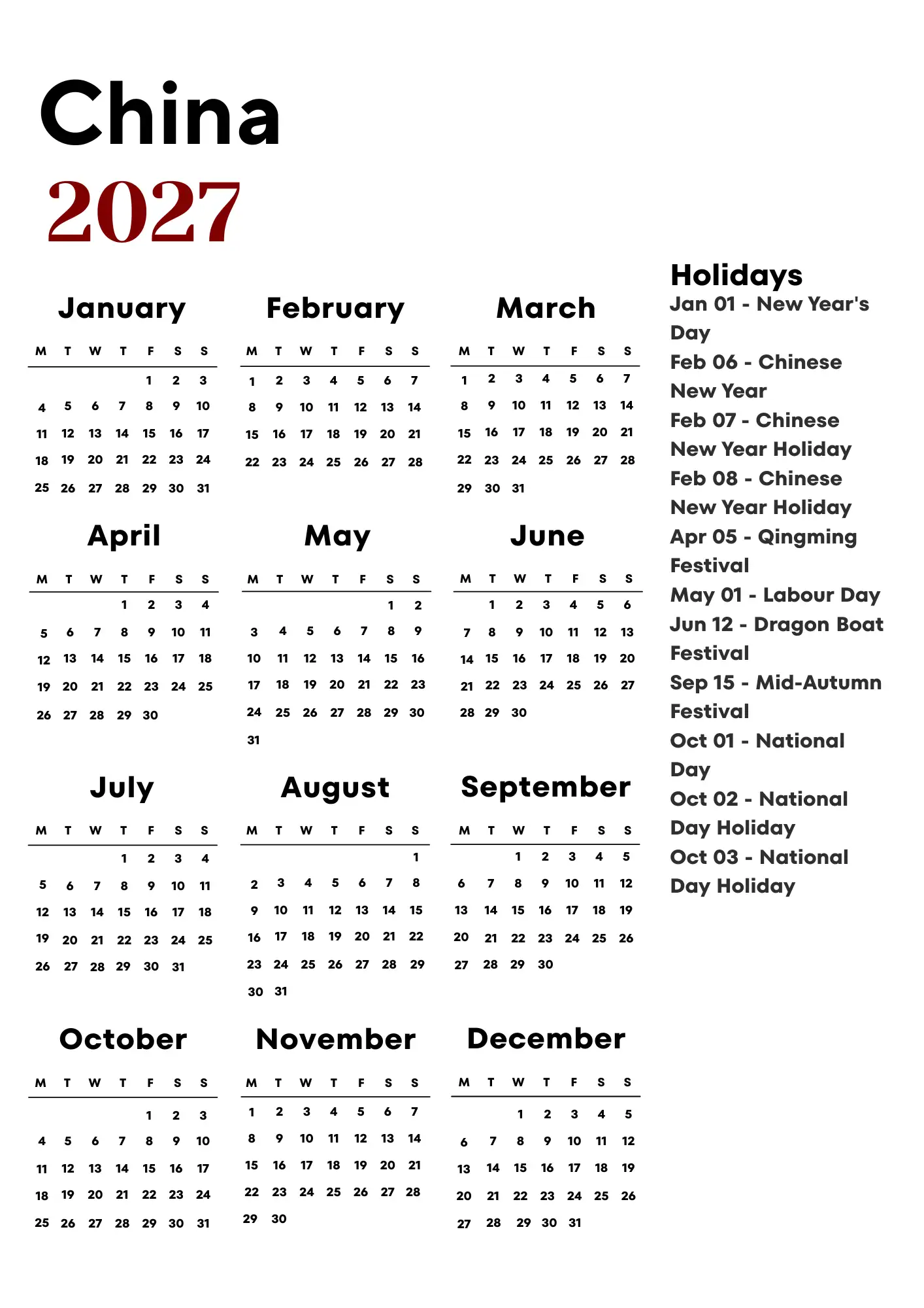 China Calendar 2027