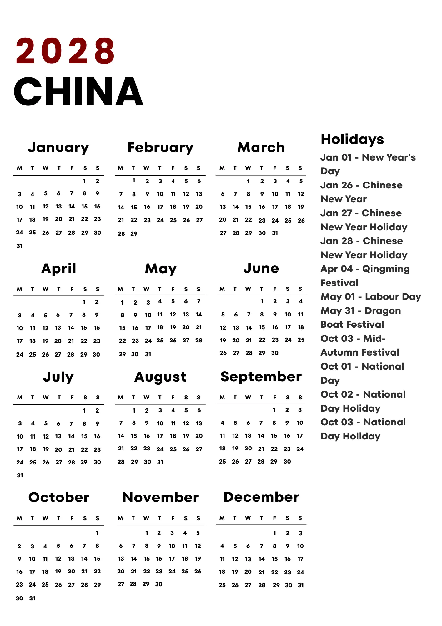 China Calendar 2028
