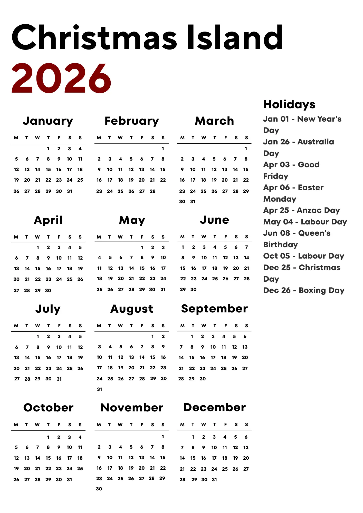 Christmas Island Calendar 2026