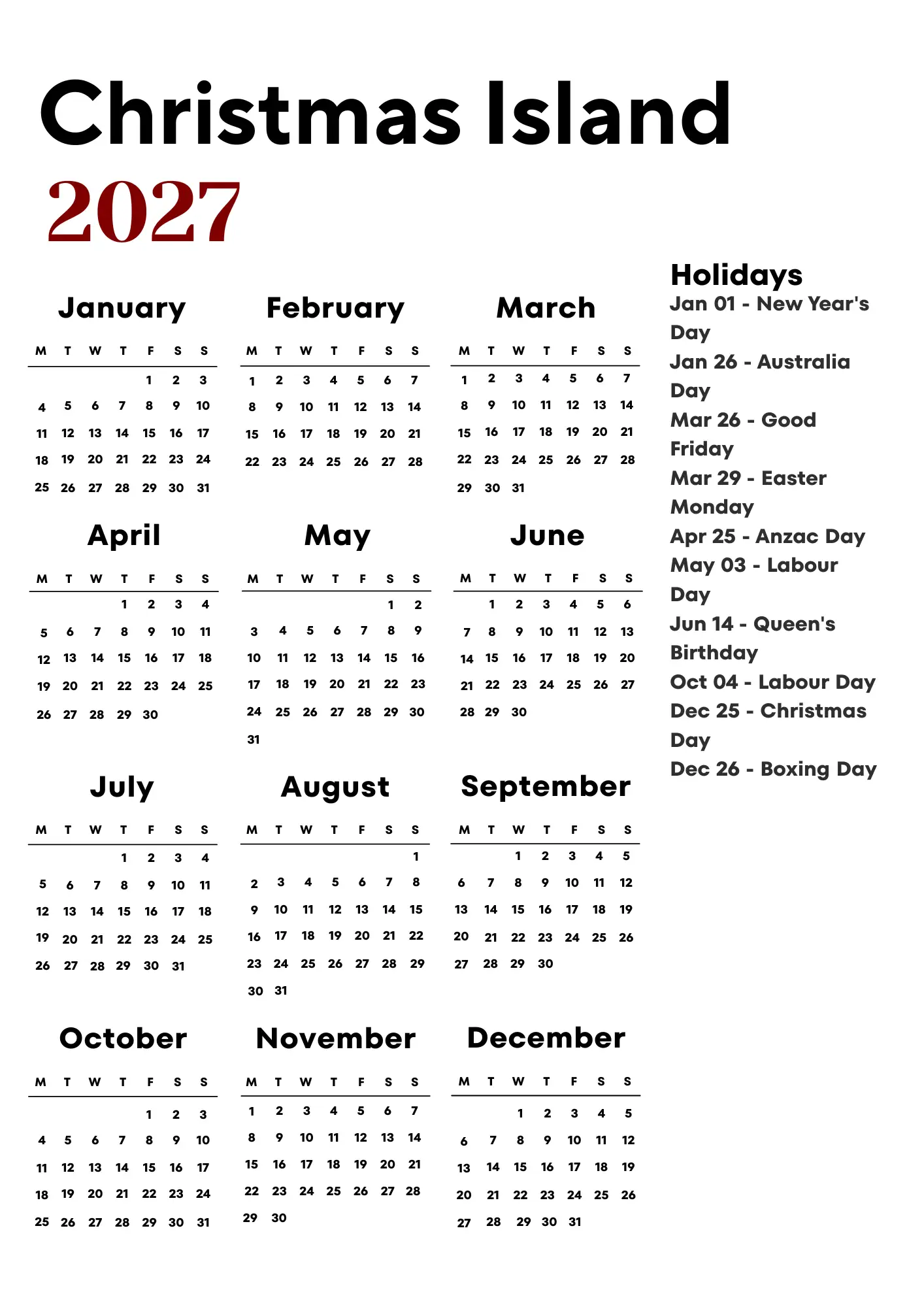 Christmas Island Calendar 2027