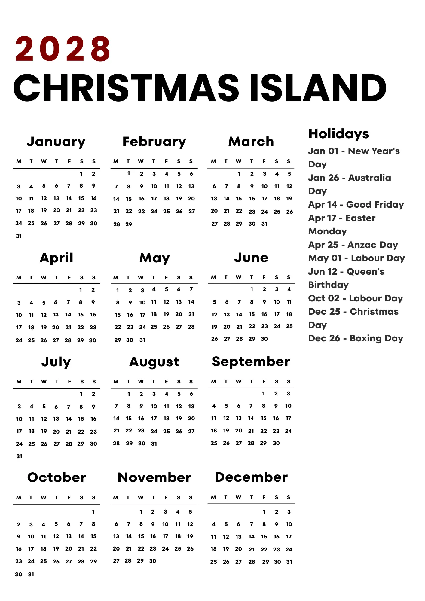 Christmas Island Calendar 2028