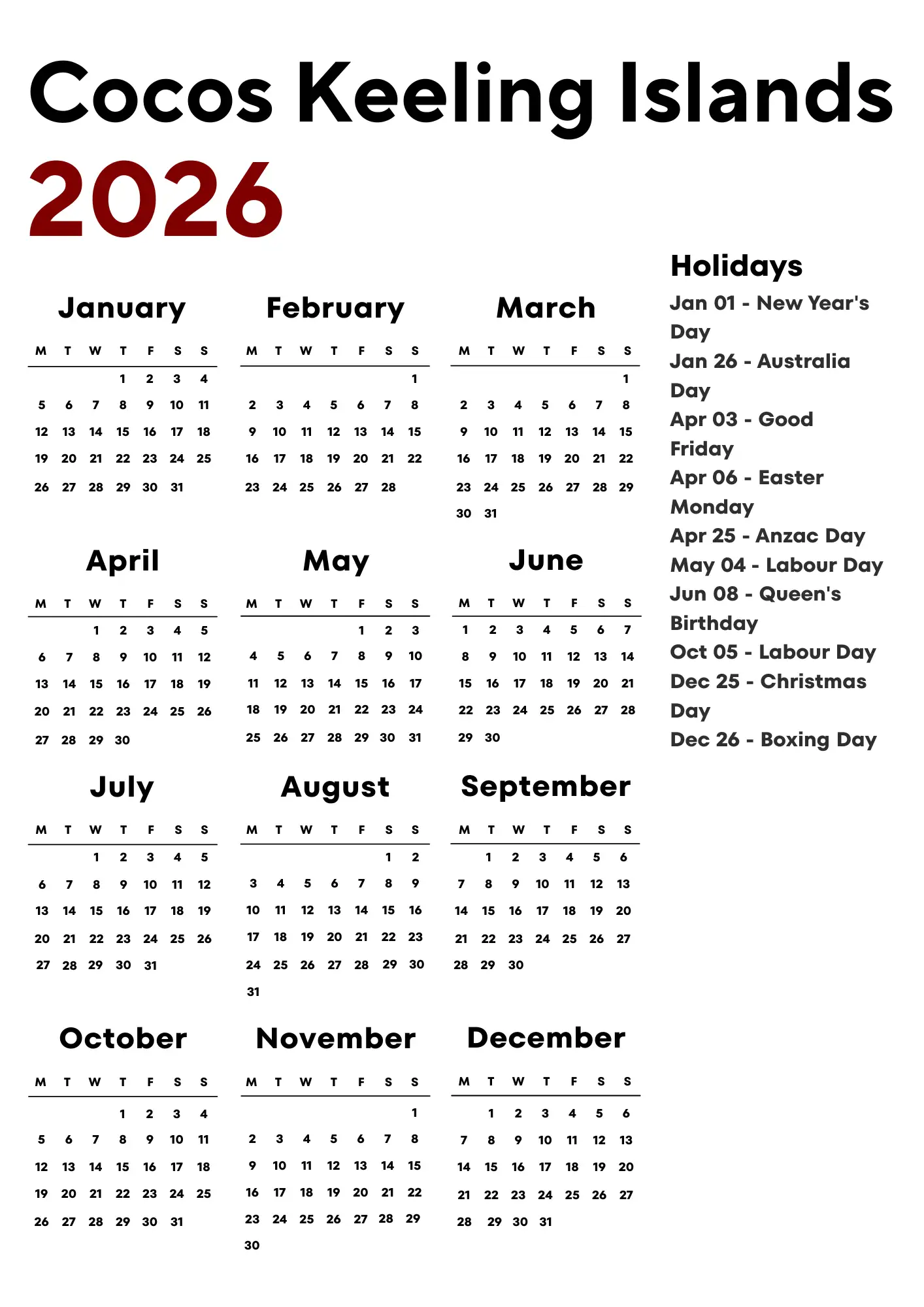 Cocos Keeling Islands Calendar 2026