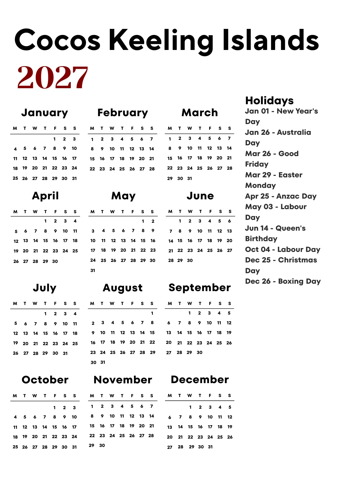 Cocos Keeling Islands Calendar 2027
