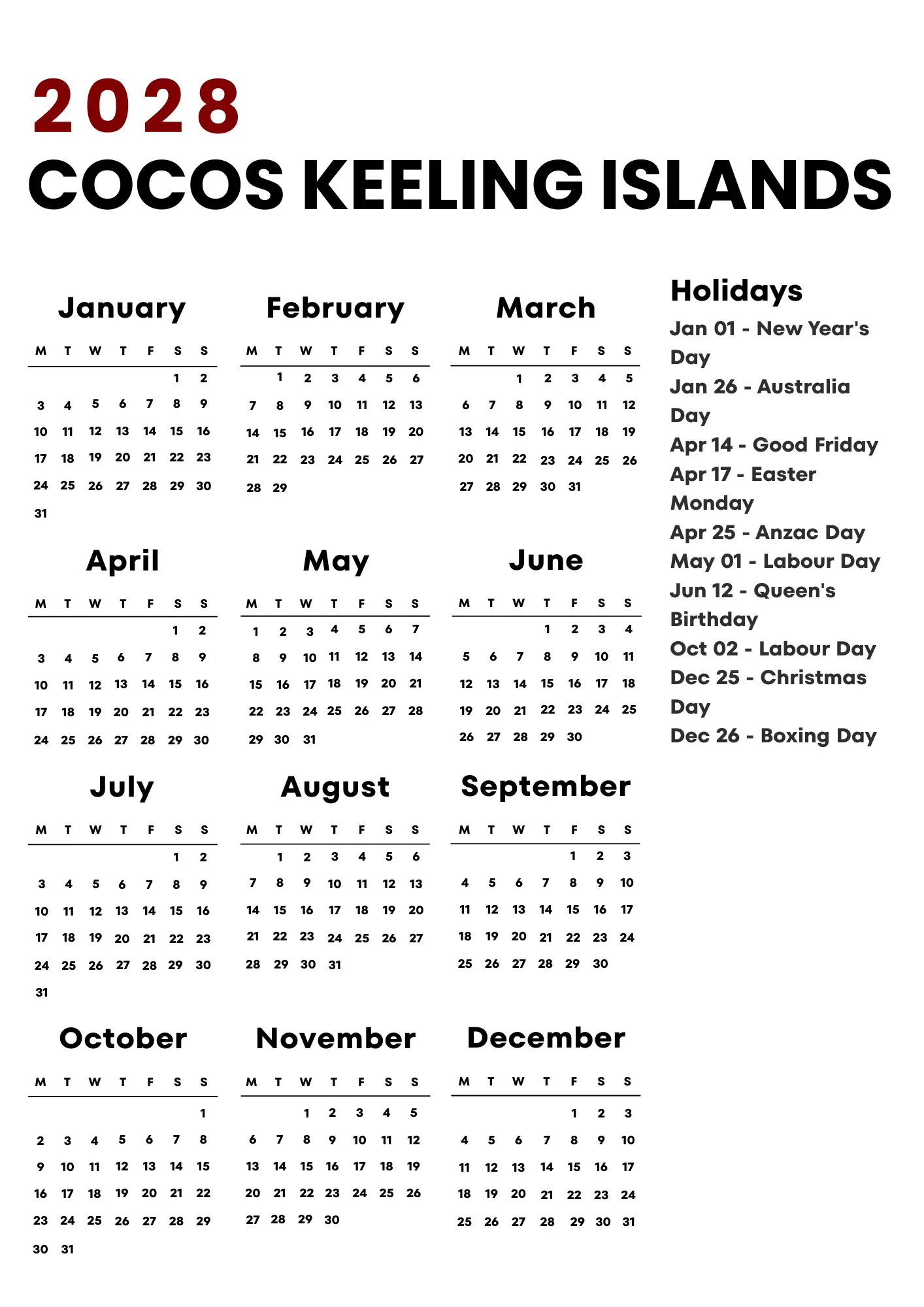 Cocos Keeling Islands Calendar 2028