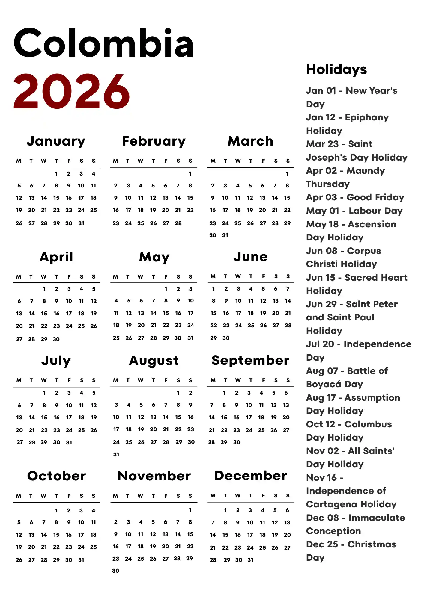 Colombia Calendar 2026