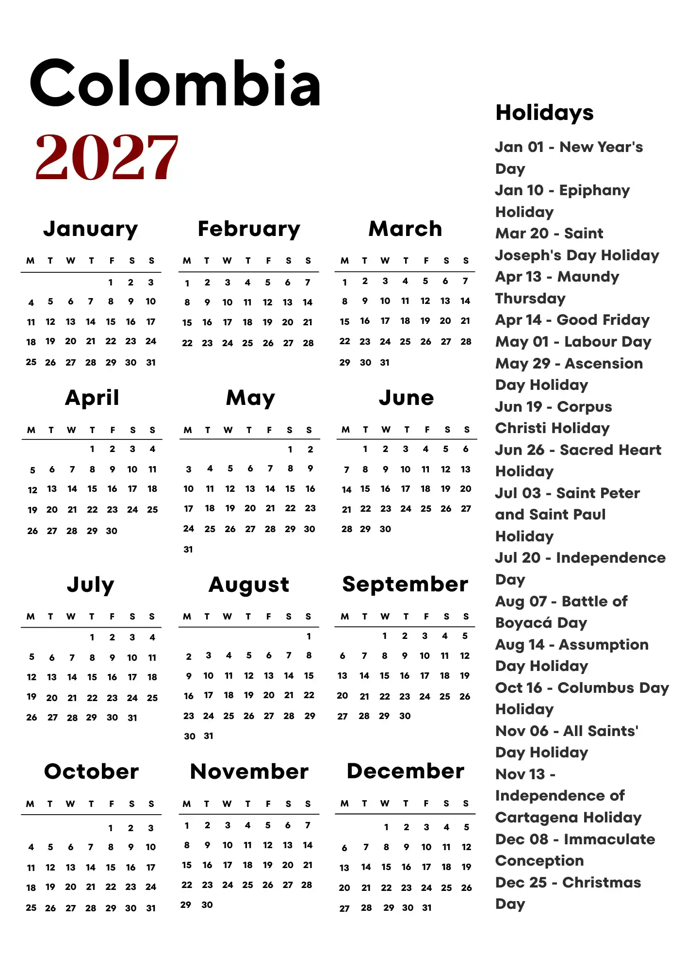 Colombia Calendar 2027