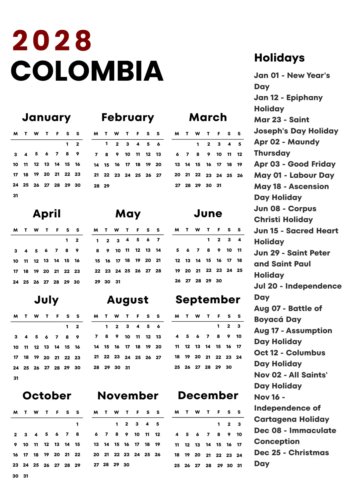 Colombia Calendar 2028