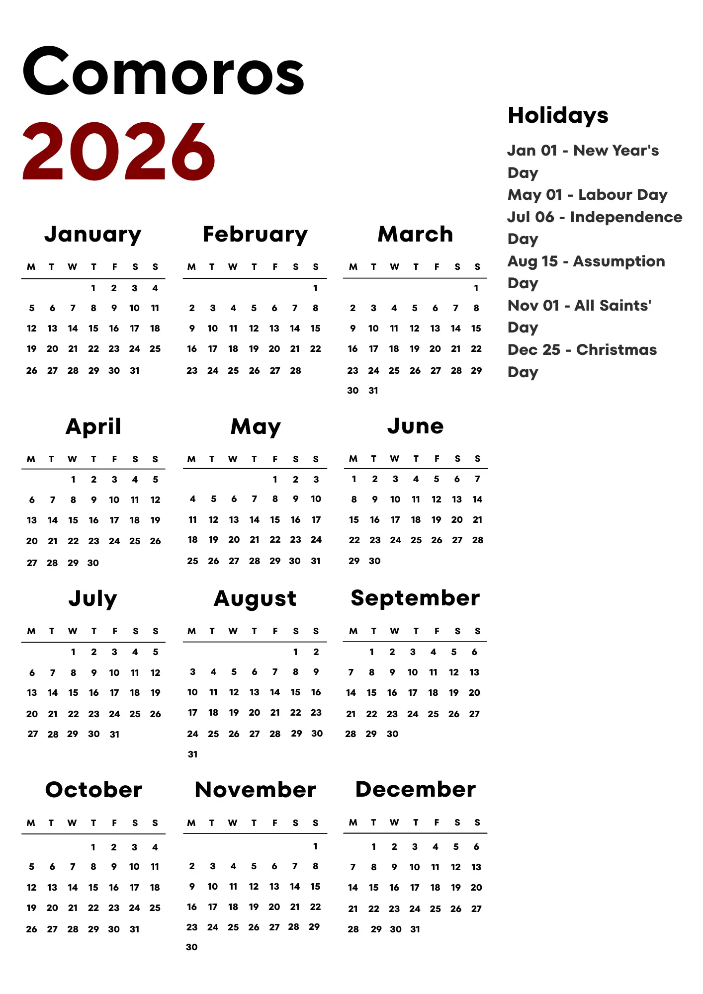 Comoros Calendar 2026