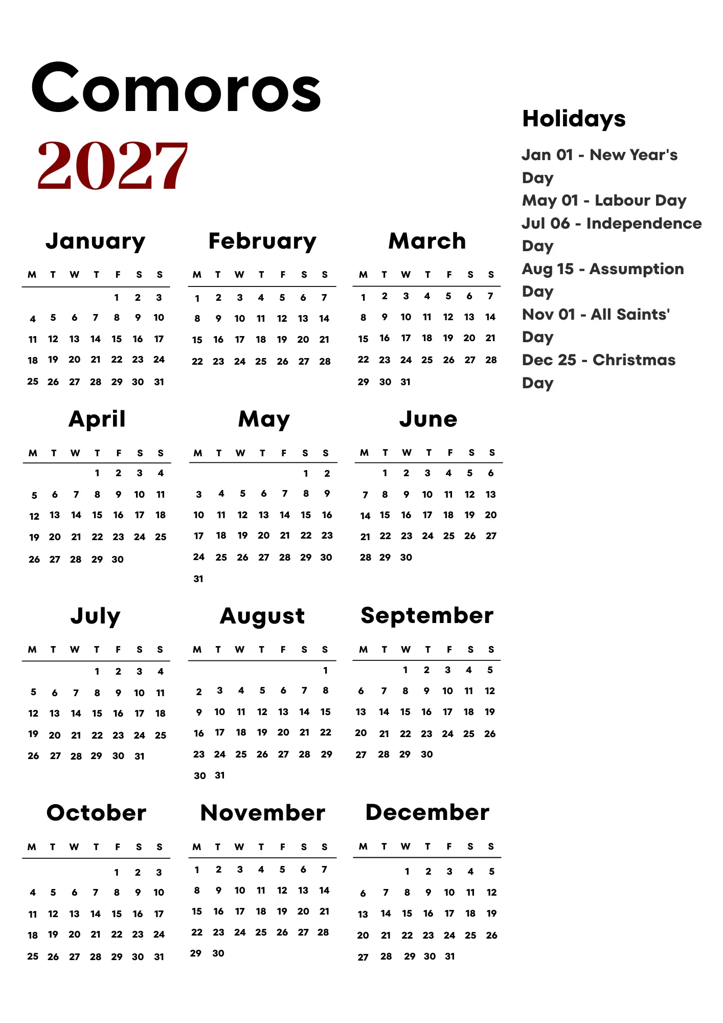 Comoros Calendar 2027
