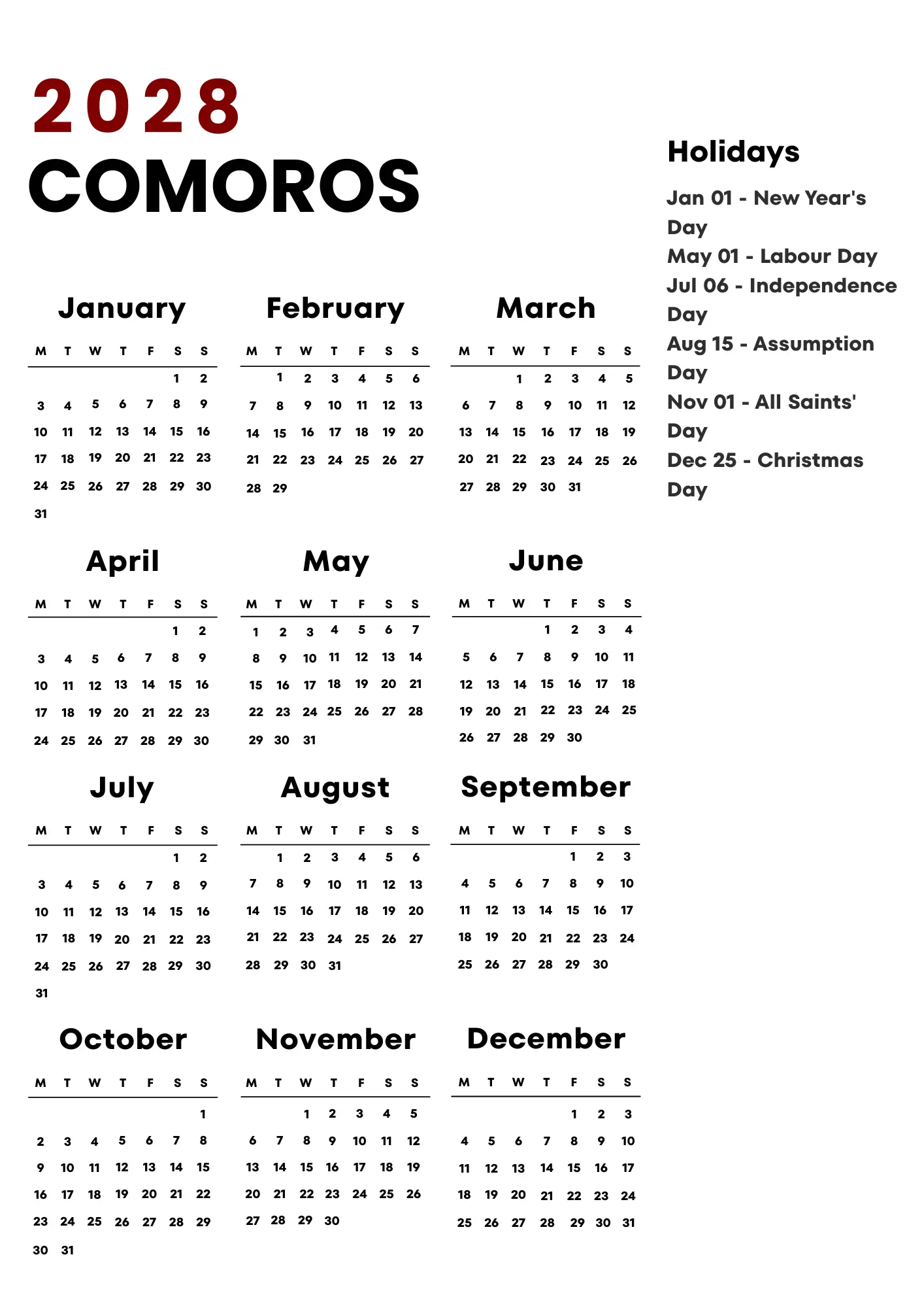 Comoros Calendar 2028