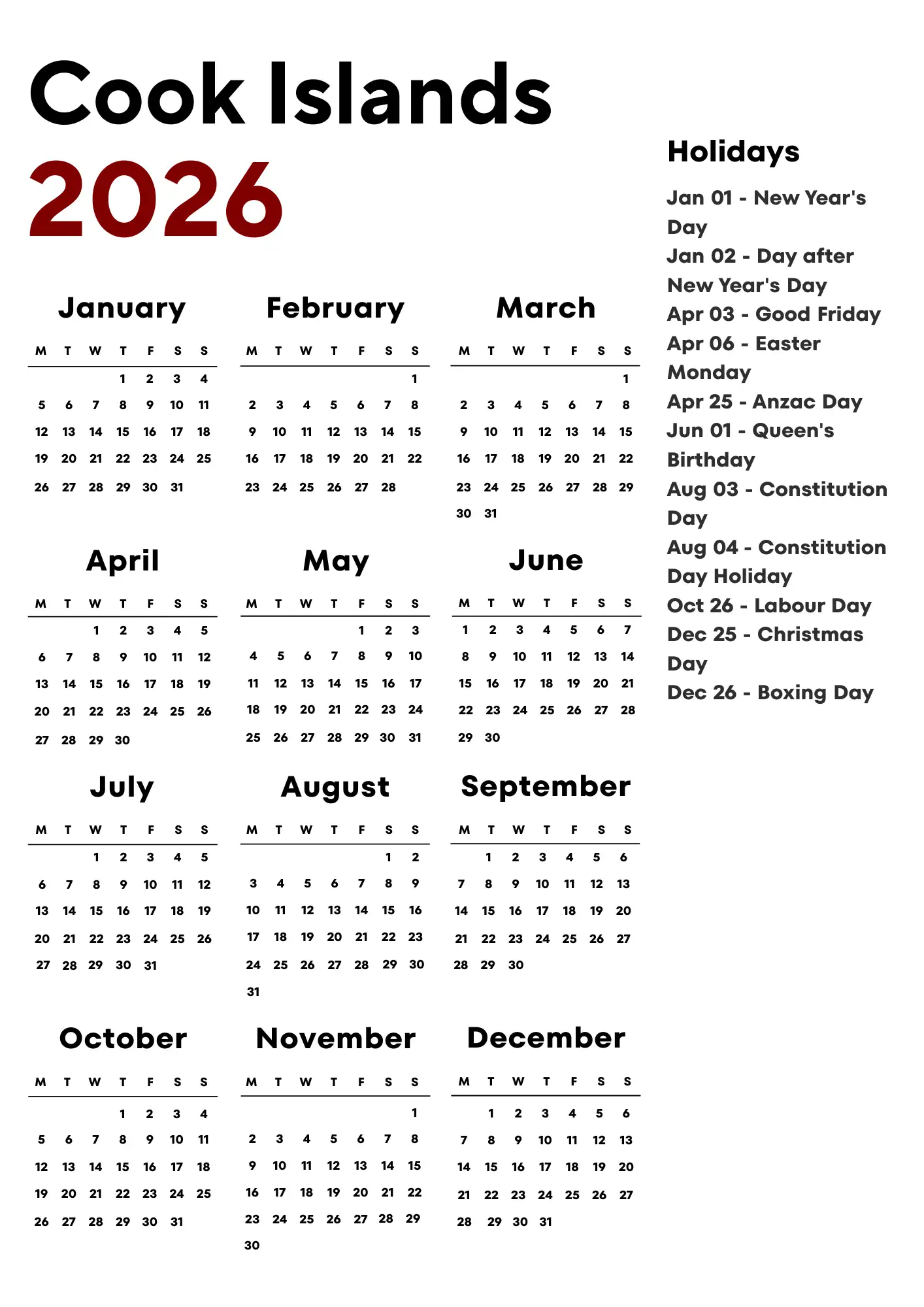 Cook Islands Calendar 2026