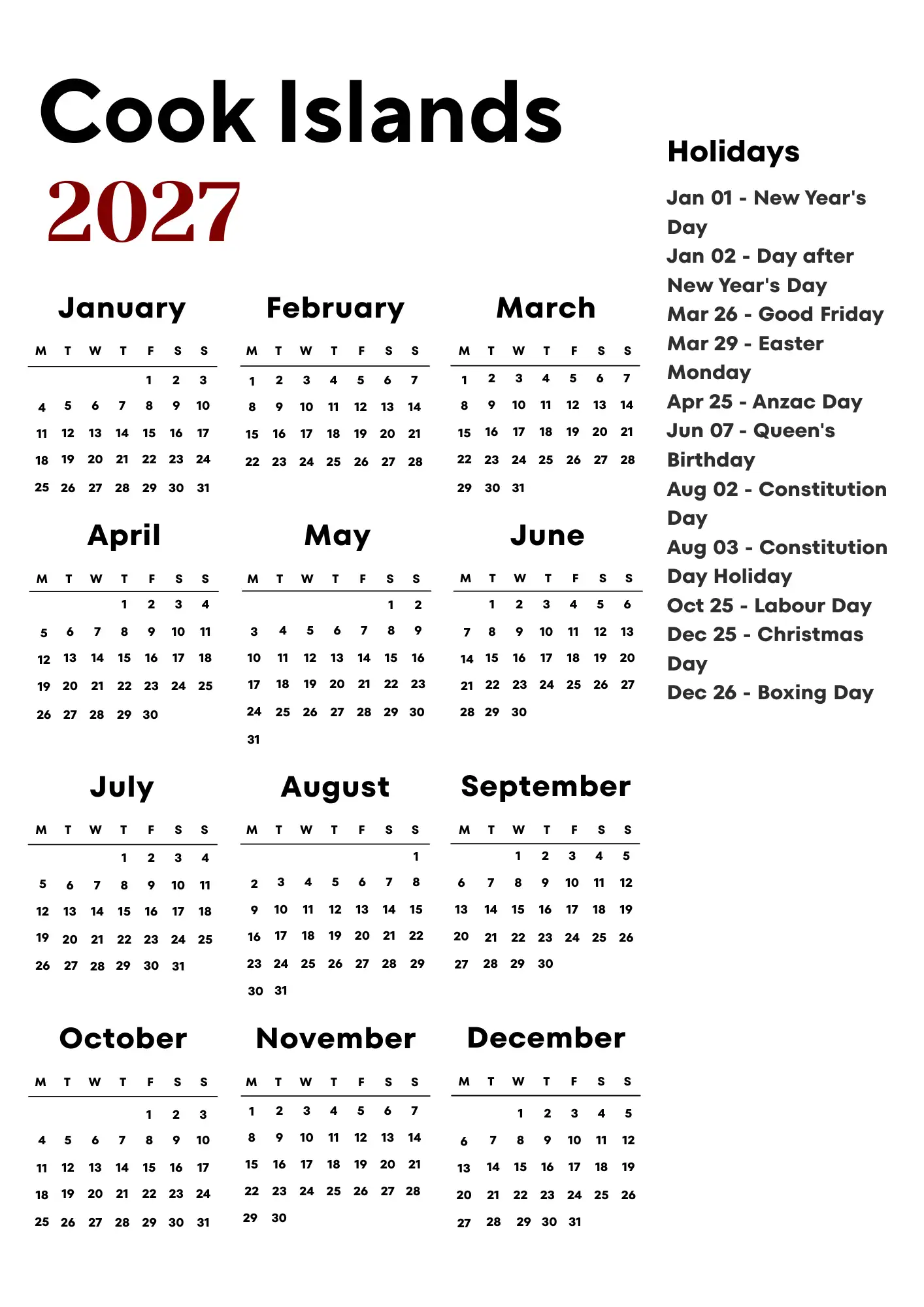 Cook Islands Calendar 2027