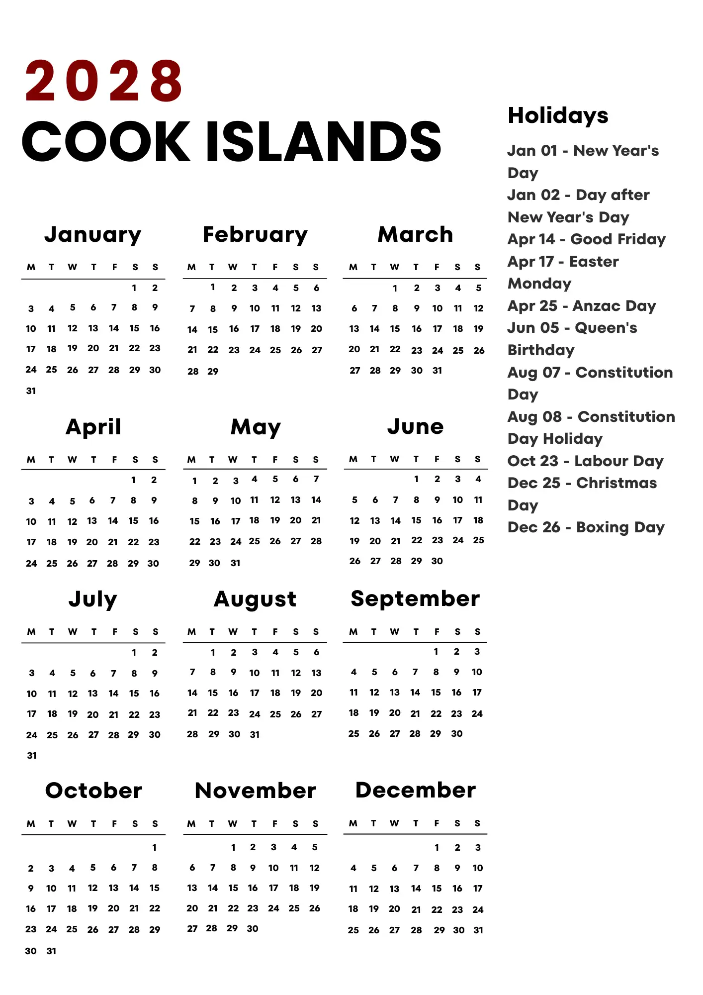 Cook Islands Calendar 2028