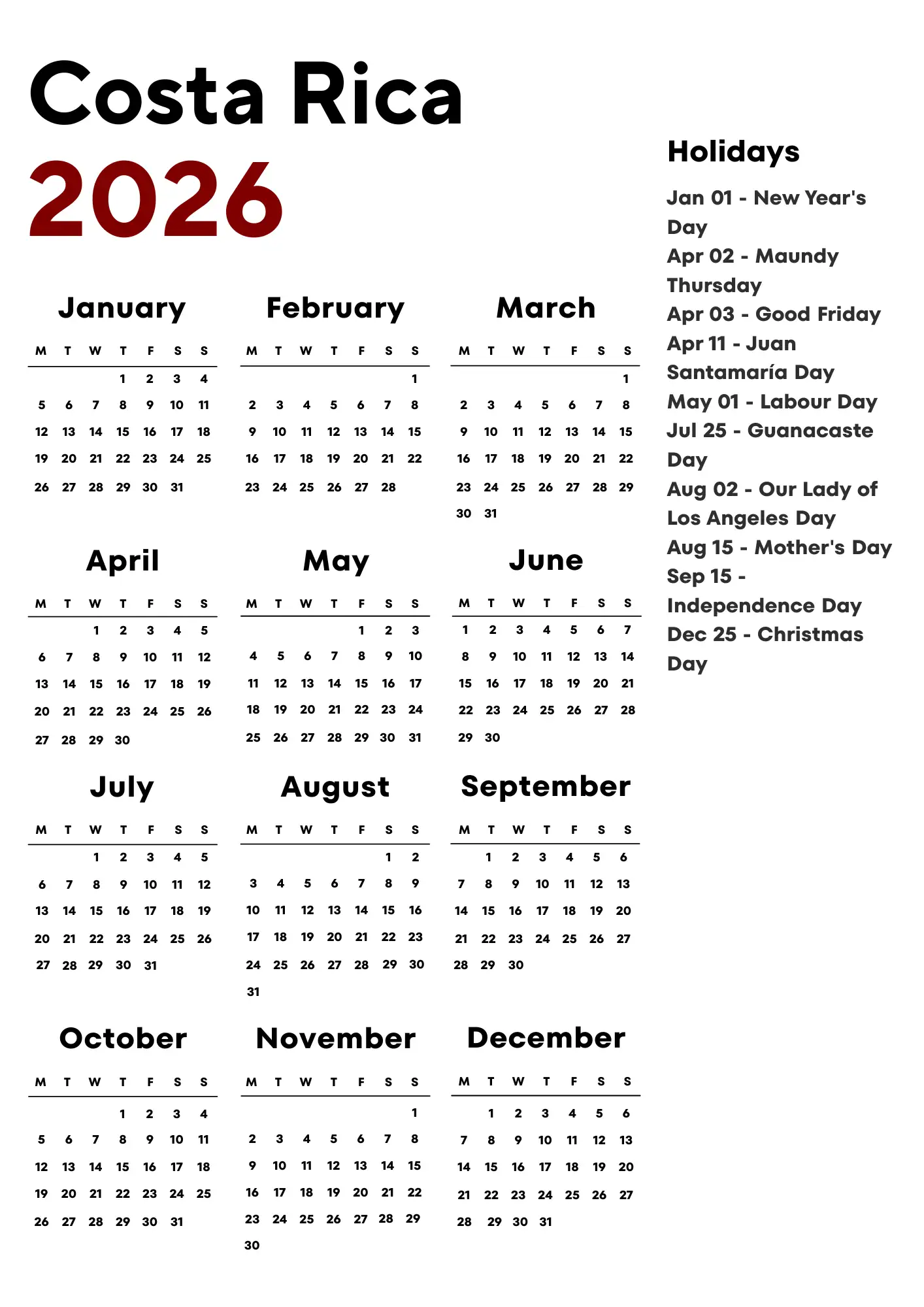 Costa Rica Calendar 2026