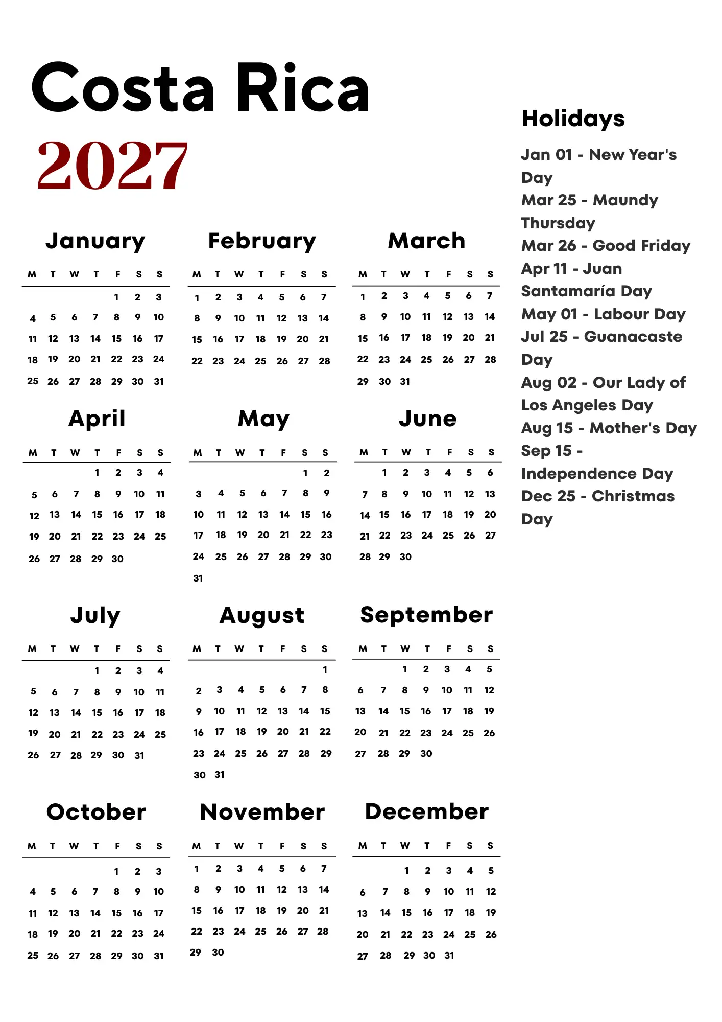Costa Rica Calendar 2027