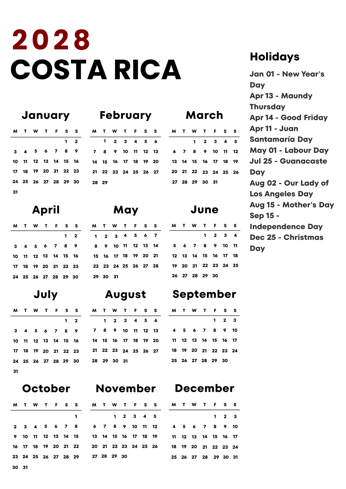 Costa Rica Calendar 2028