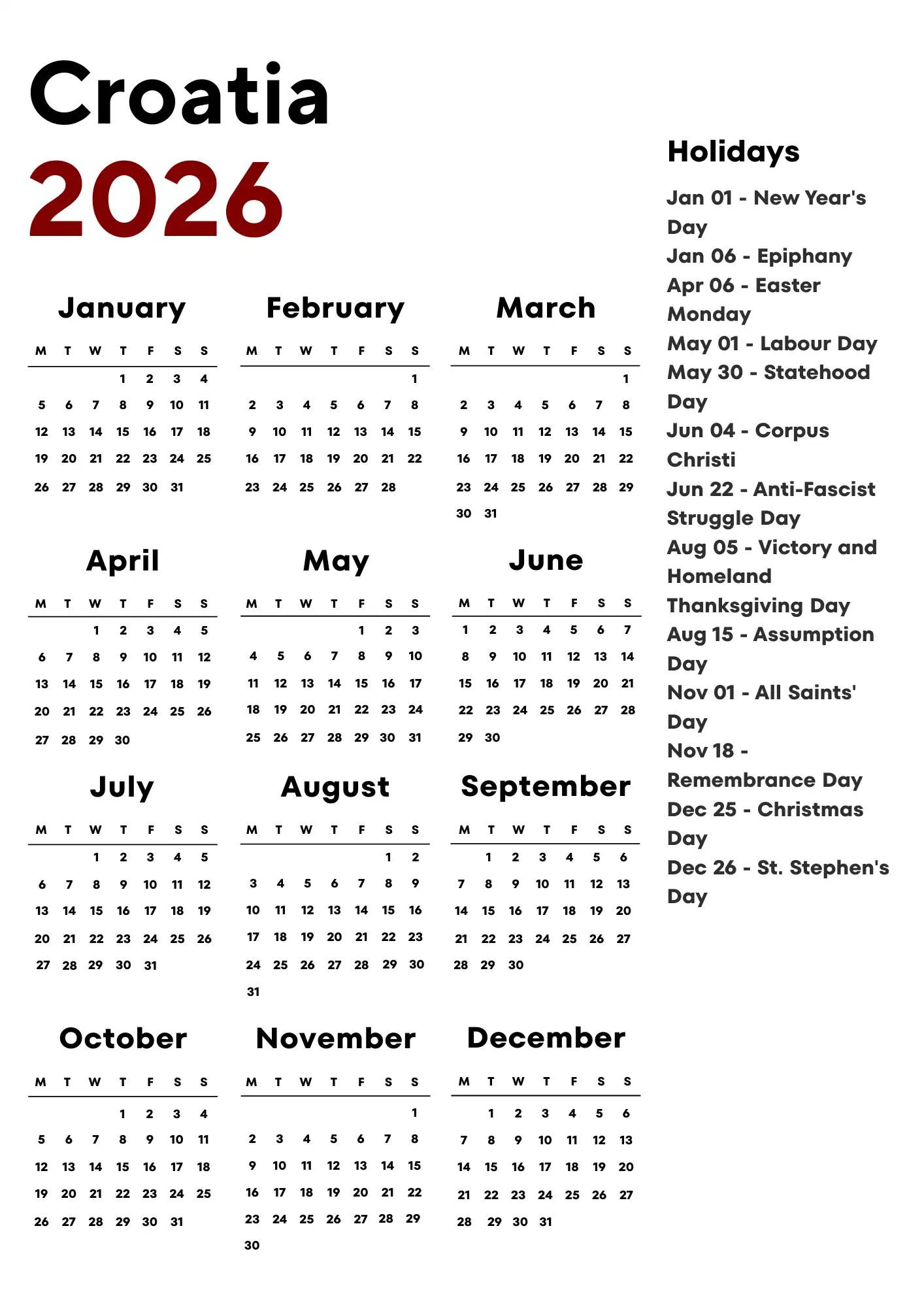 Croatia Calendar 2026