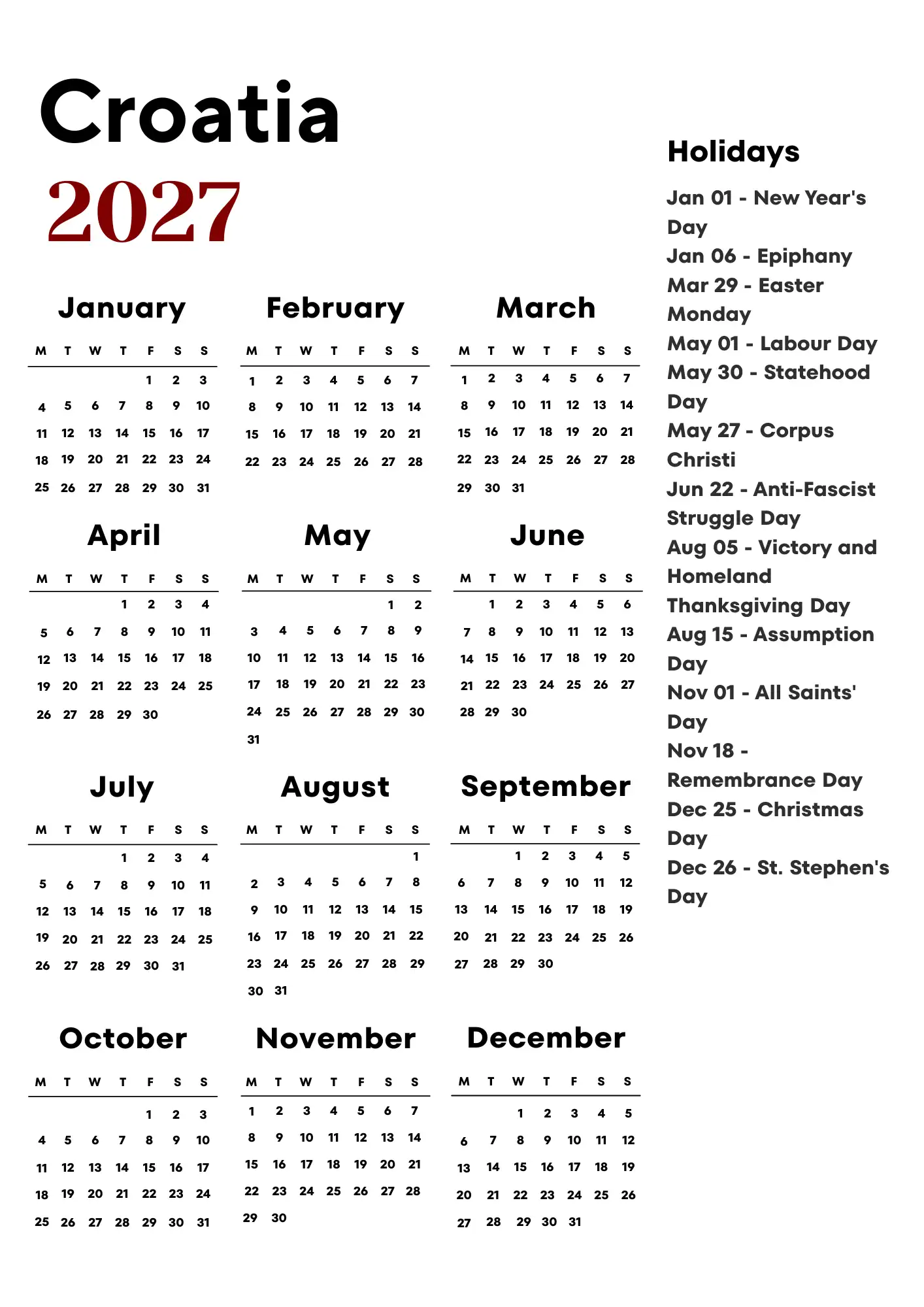 Croatia Calendar 2027