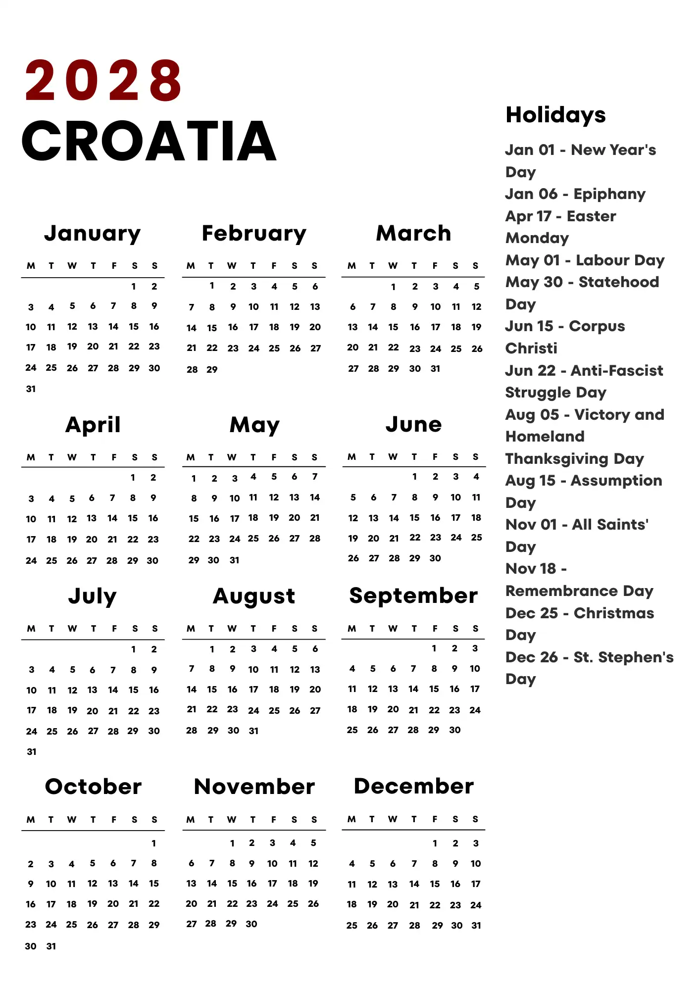 Croatia Calendar 2028
