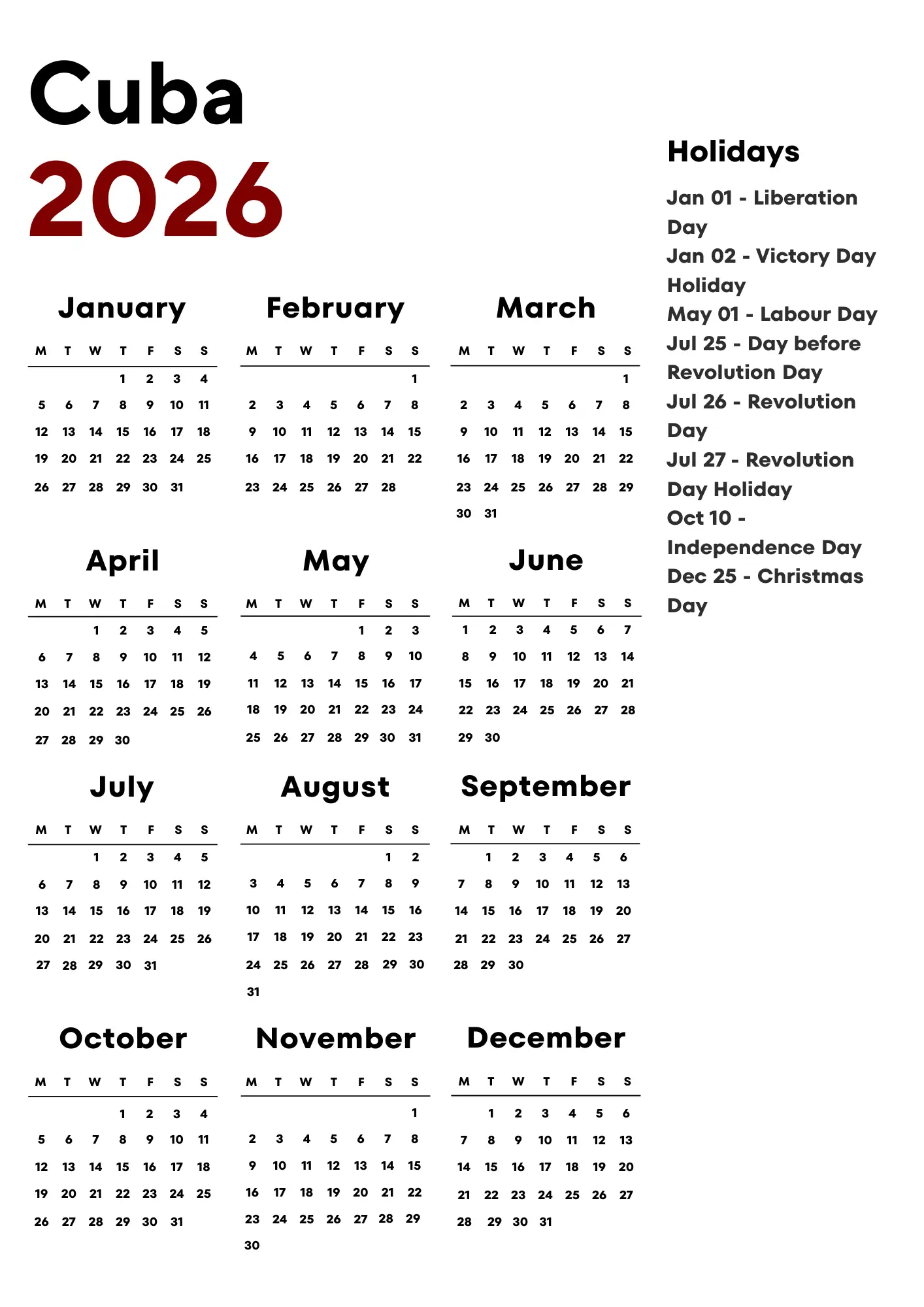 Cuba Calendar 2026