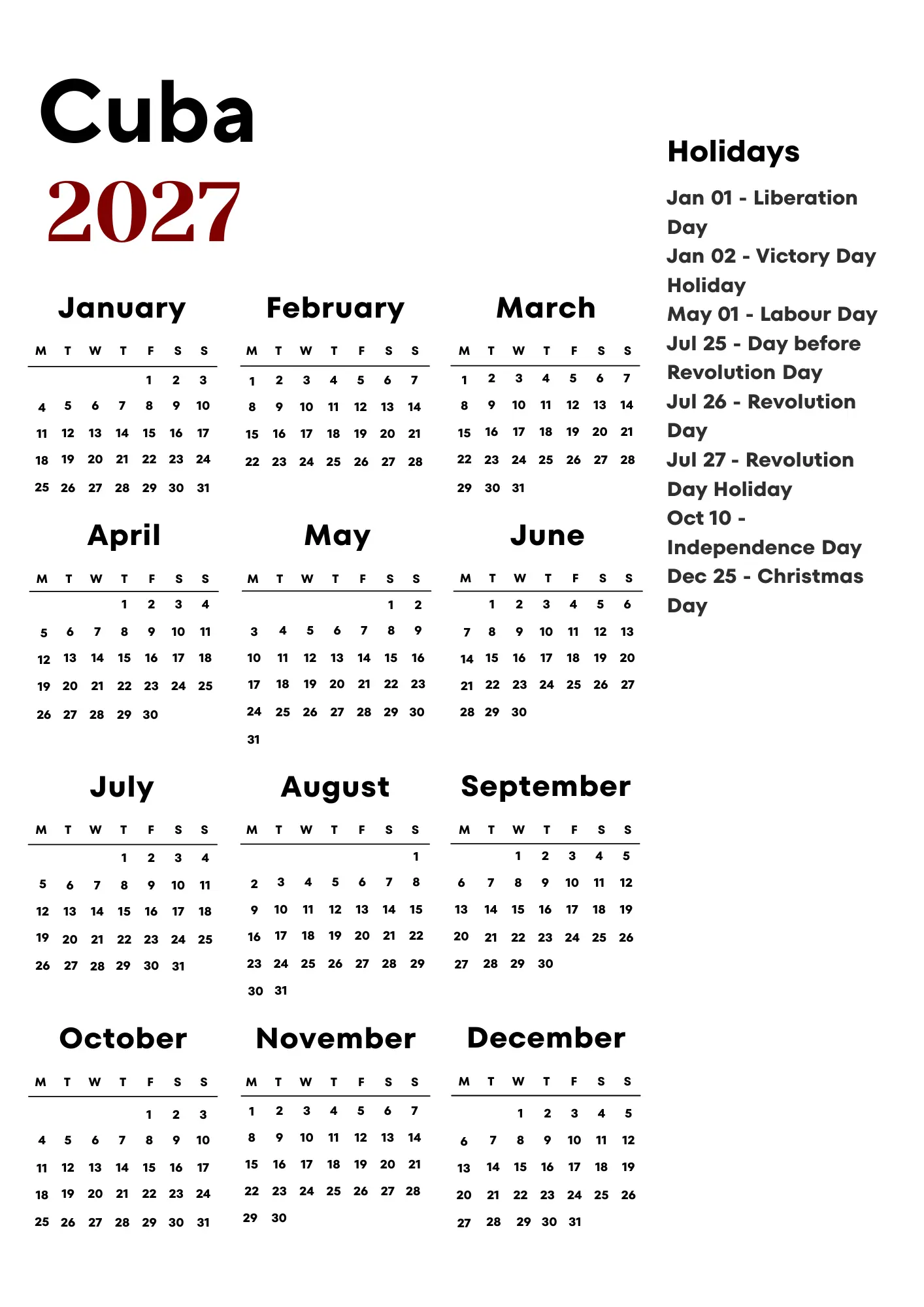 Cuba Calendar 2027